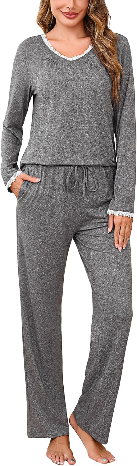 Litherday Damen Schlafanzug lang Baumwolle Winter Pyjama Set mit Tasche S-XXL