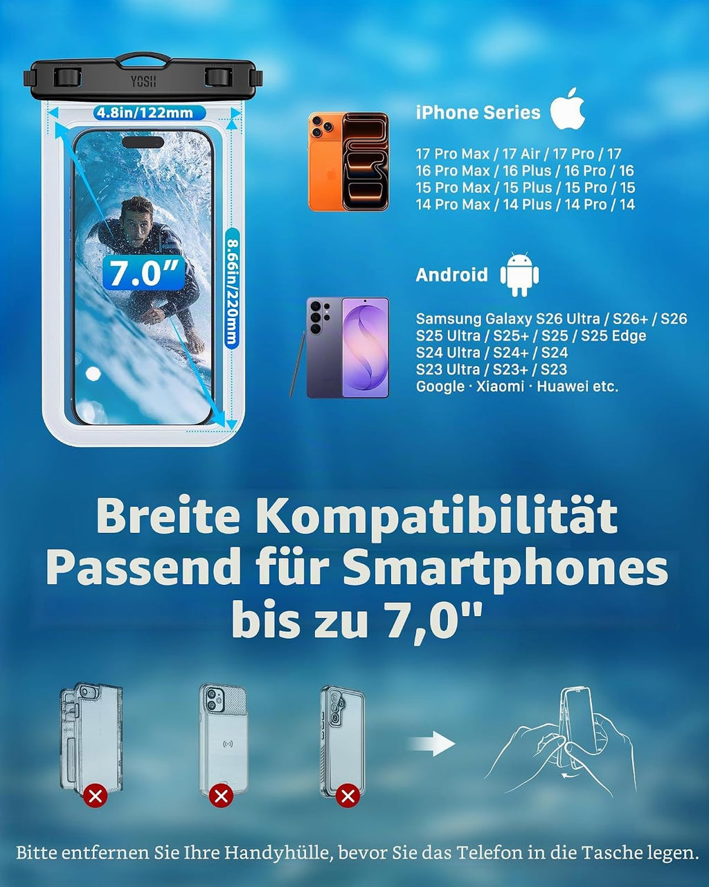 YOSH wasserdichte Handytasche 7,0" IPX8 mit Schluesselband 2er Set durchsichtig