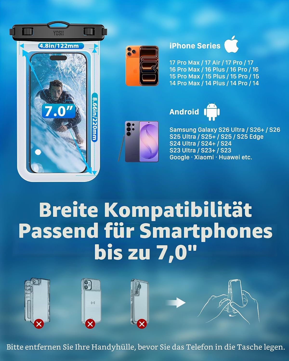 YOSH wasserdichte Handytasche 7,0" IPX8 mit Schluesselband 2er Set durchsichtig