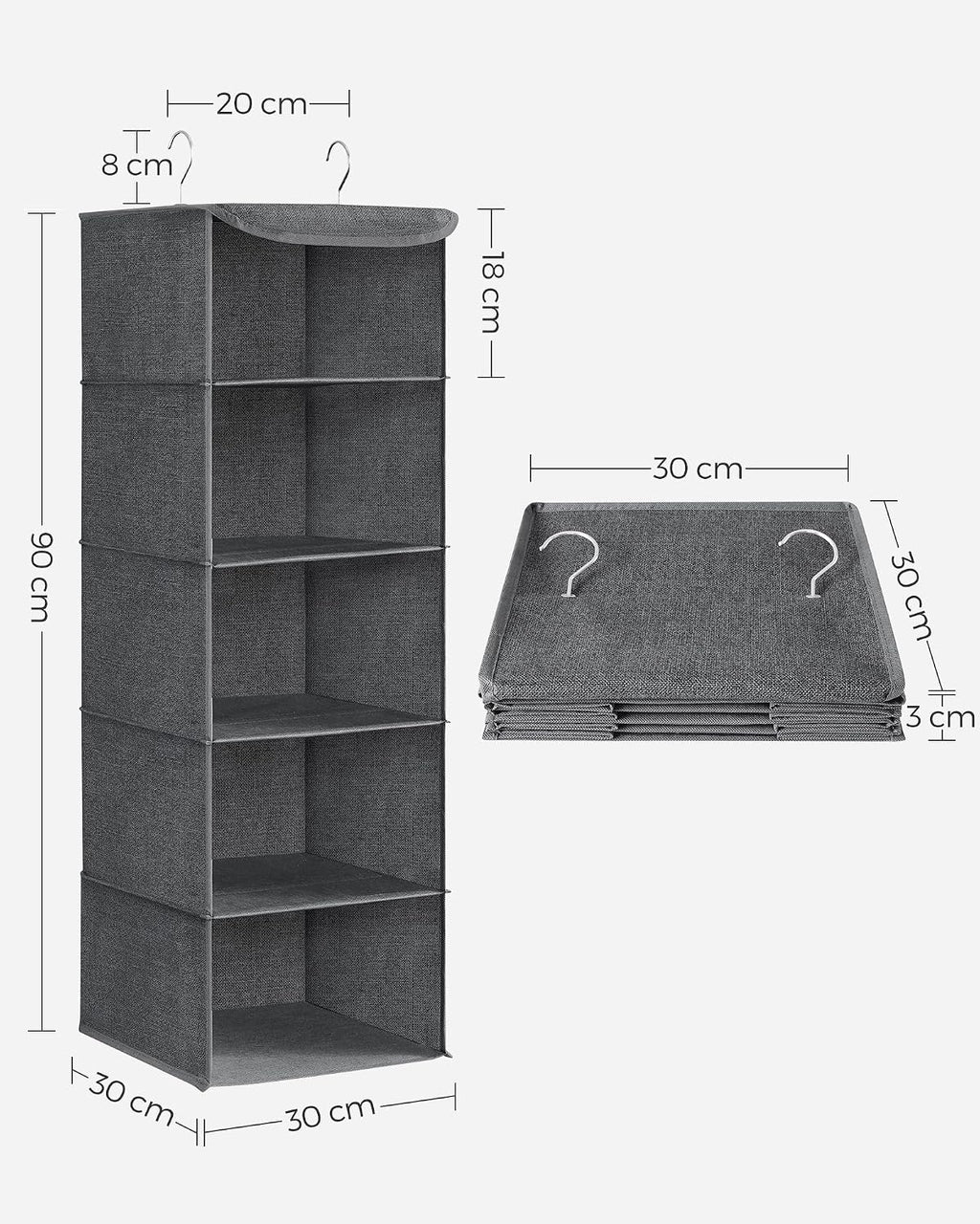 SONGMICS Haengeorganizer 4 Faecher faltbar Kleiderschrank Regal Hellgrau