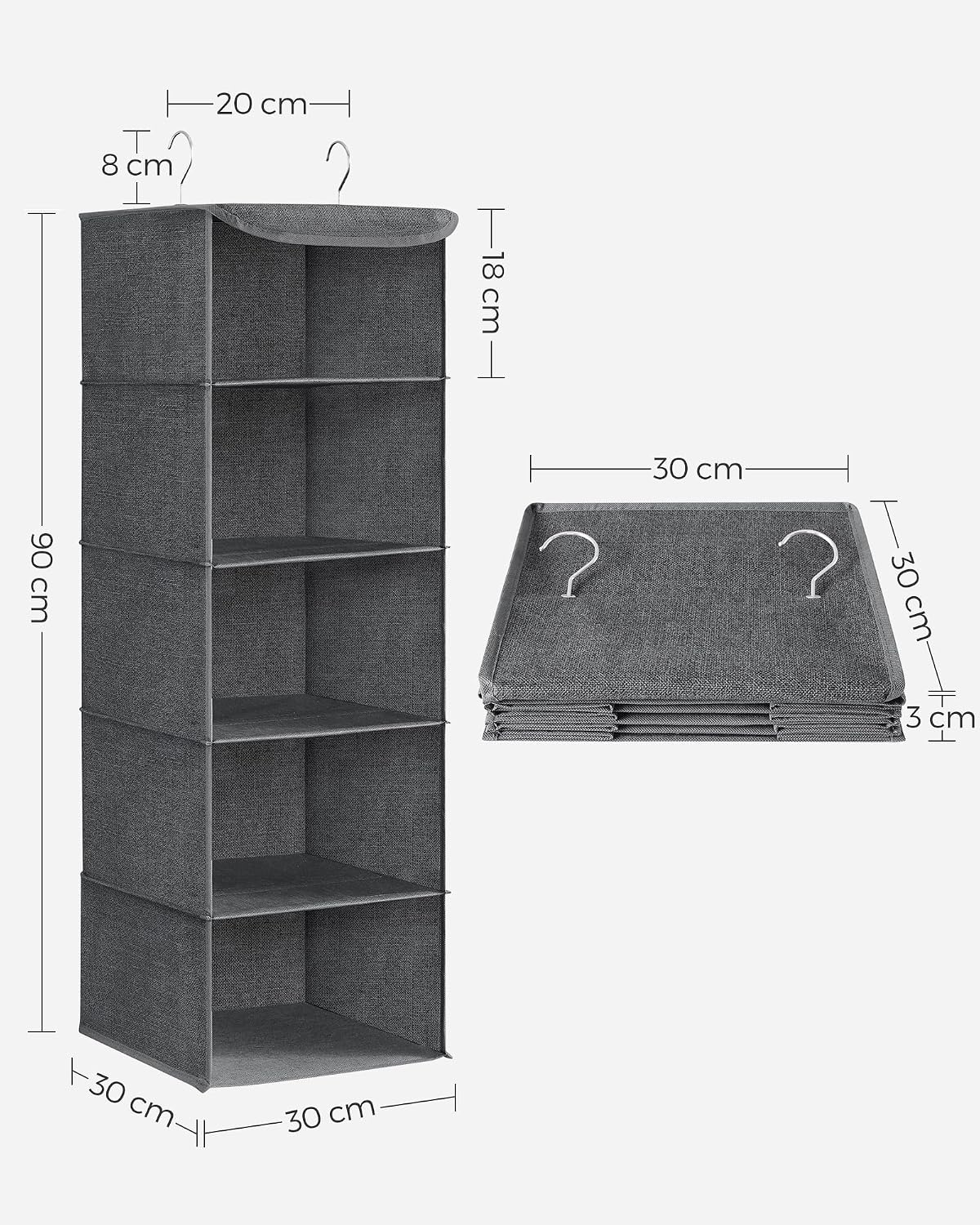 SONGMICS Haengeorganizer 4 Faecher faltbar Kleiderschrank Regal Hellgrau