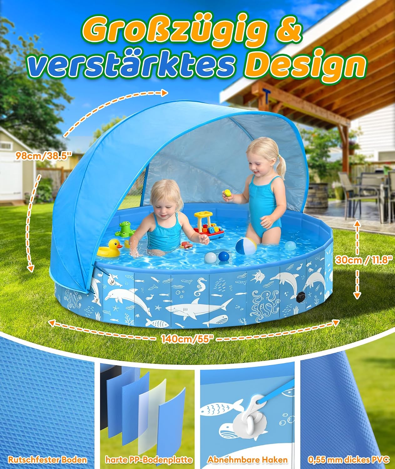 EPN Hundepool faltbar 200x40 cm PVC extra gross rutschfester Boden 140cm-200cm