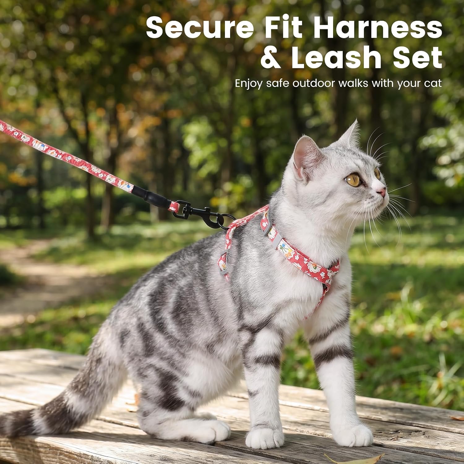 PETTOM Katzengeschirr Blumenmuster mit Leine ausbruchsicher verstellbar S-M