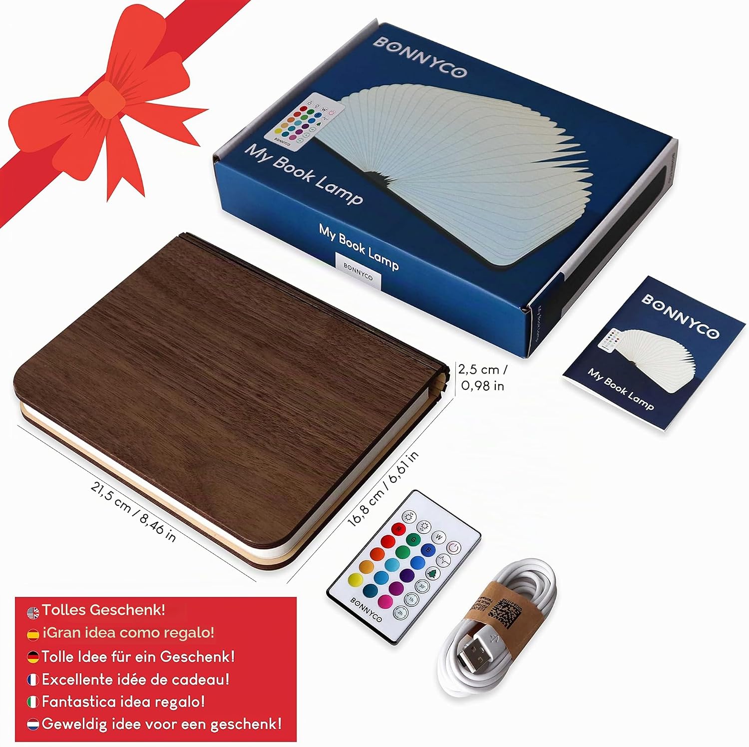 BONNYCO LED Buchlampe Holz 16 Farben Timer Deko Geschenk
