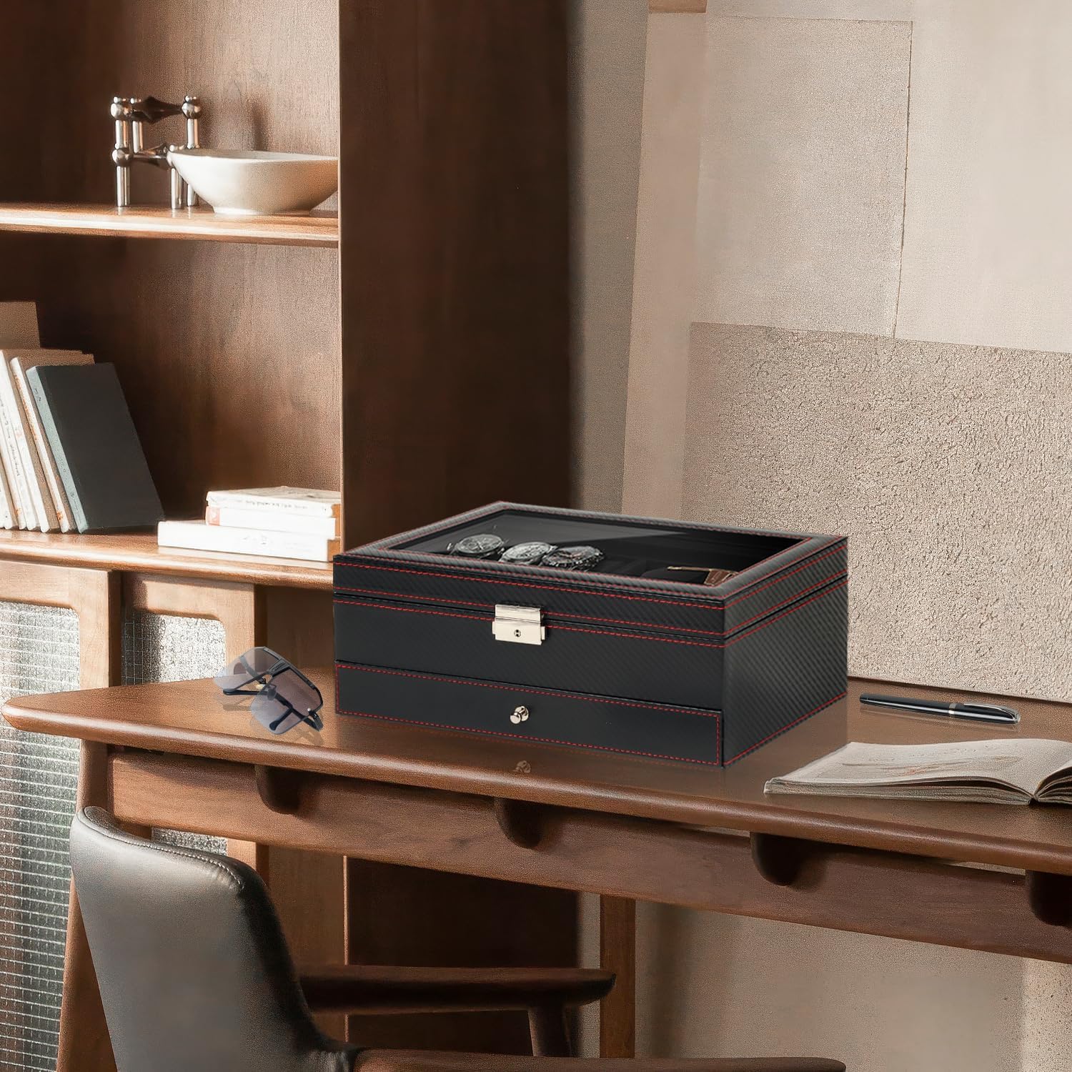 Uhren- und Sonnenbrillenbox mit Glasdeckel 6 Faecher Schmuckkasten Herren