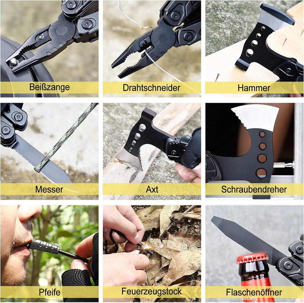 Multitool 16-in-1 Camping Survival Werkzeug Zange Axt Klappmesser Edelstahl schw