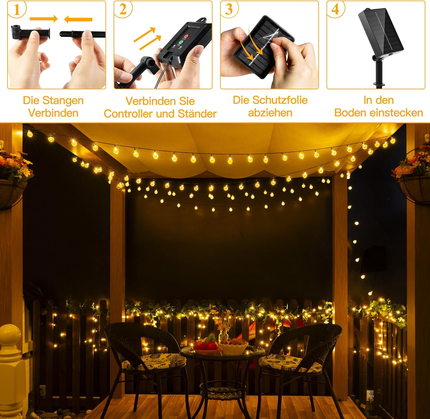 Ollny Solar Lichterkette Aussen 5 m 30 LED IP65 warmweiss 8 Modi fuer Garten