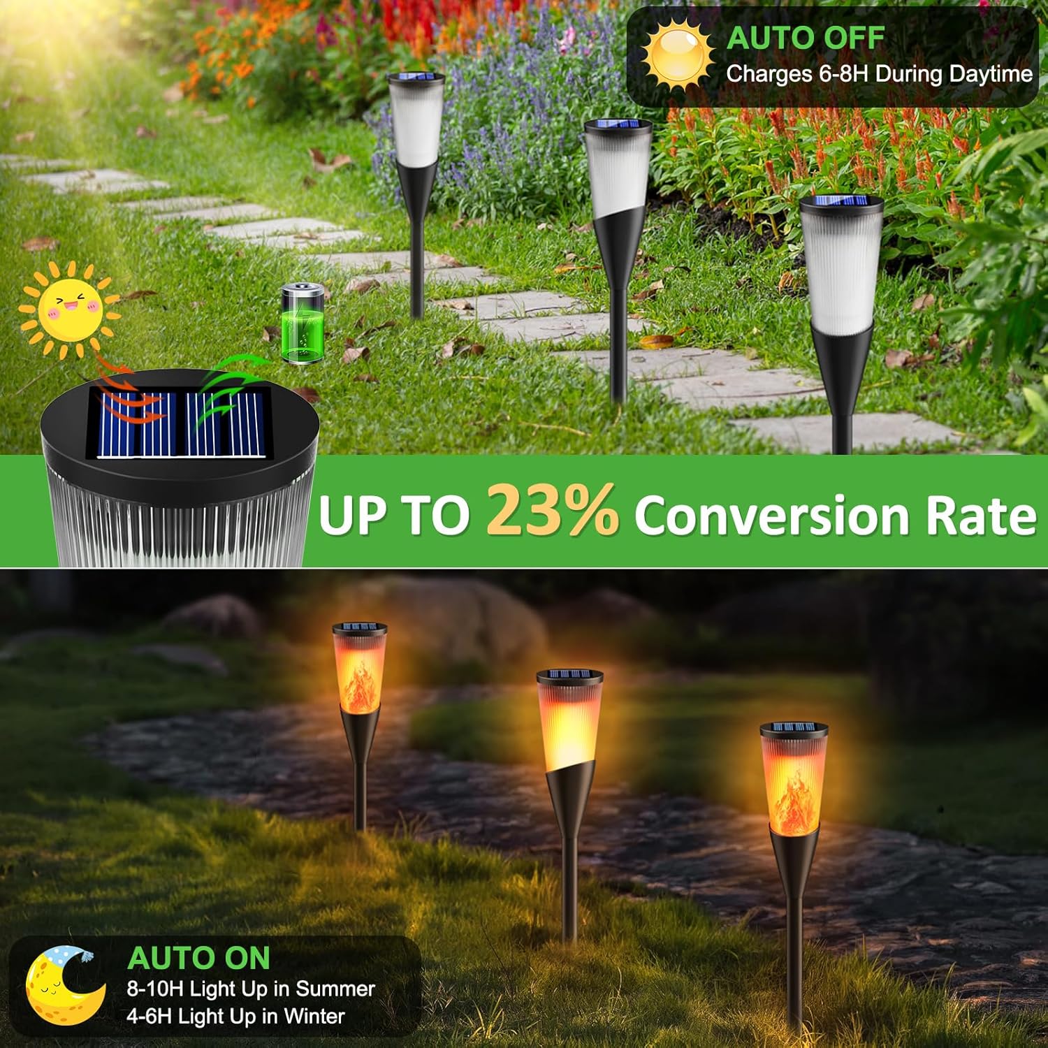 Solarlampen Gartenfackeln 6er Set mit Flammeneffekt, IP65 Wetterfest, 2 Modi