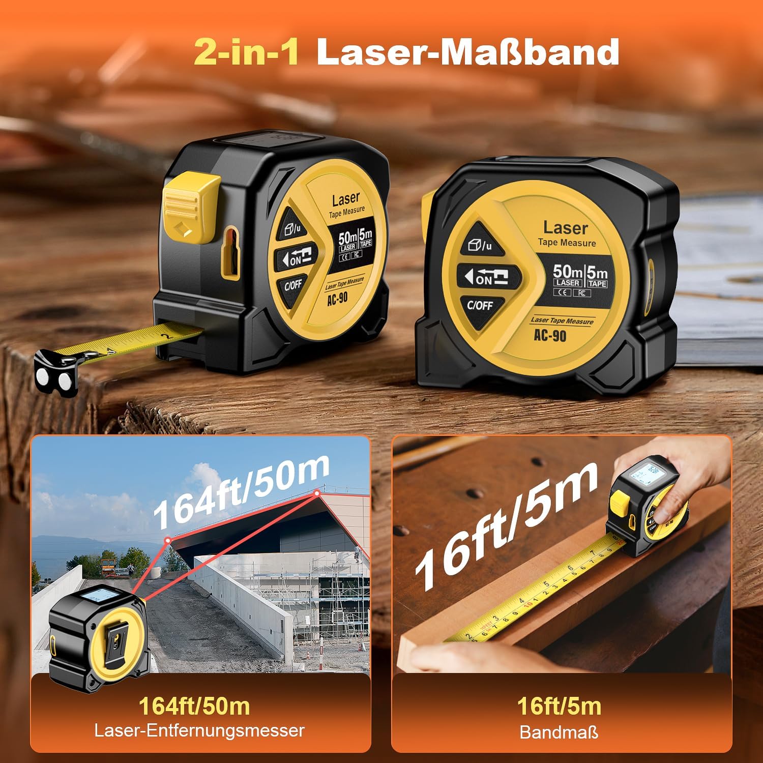 Laser-Entfernungsmesser 50 m mit 5 m Stahlmassband, Flaechen Volumen Pythagoras, L