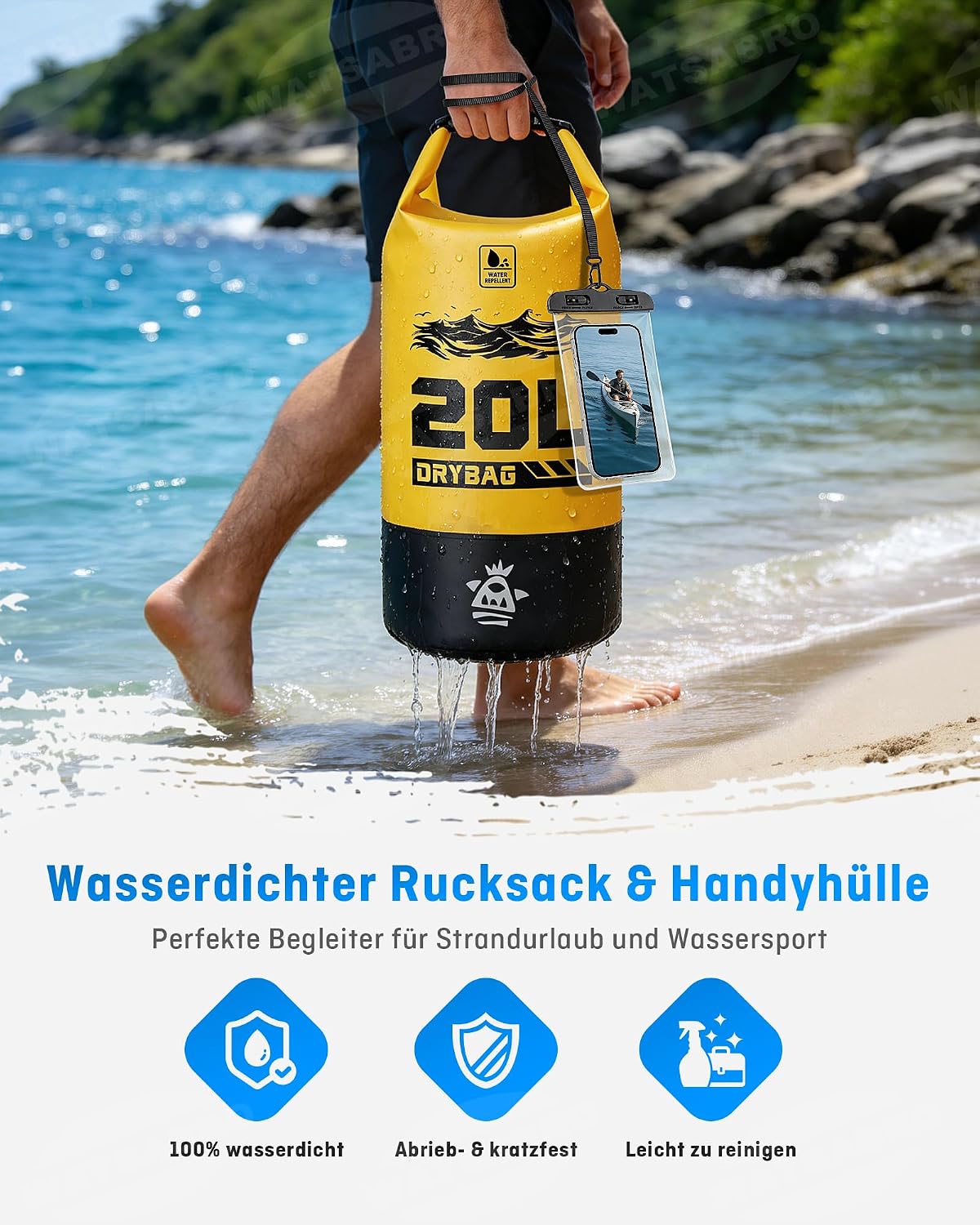 WATSABRO Dry Bag wasserdichte Tasche Rucksack + wasserdichte Handyhuelle