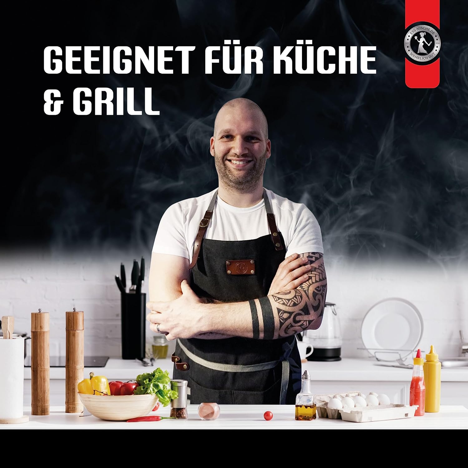 Ess-Nische Kochschuerze Denim unisex extra lang Grillschuerze mit Taschen