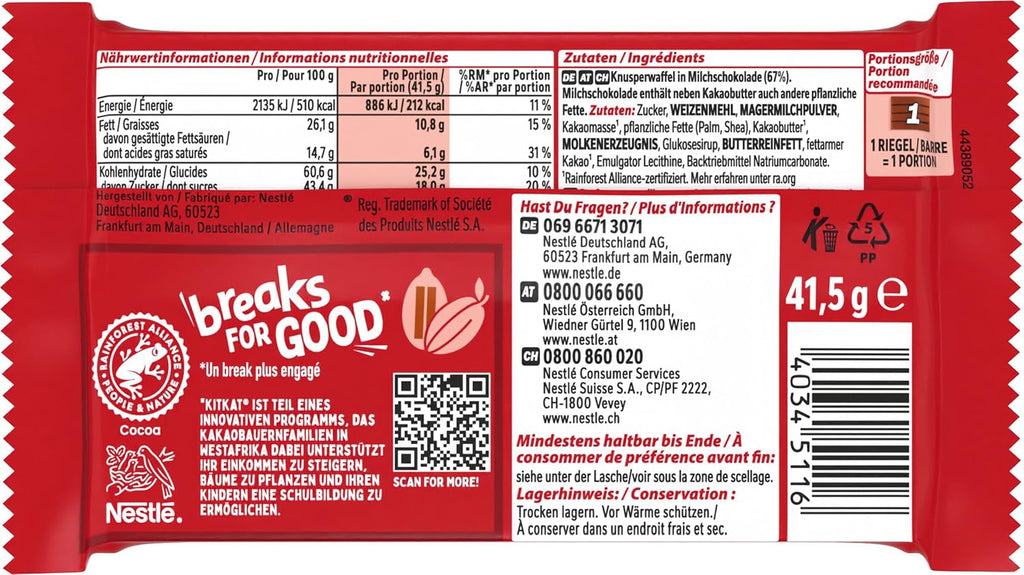 Nestlé KitKat Classic 24er Pack Schokoriegel Milchschokolade mit Knusperwaffel