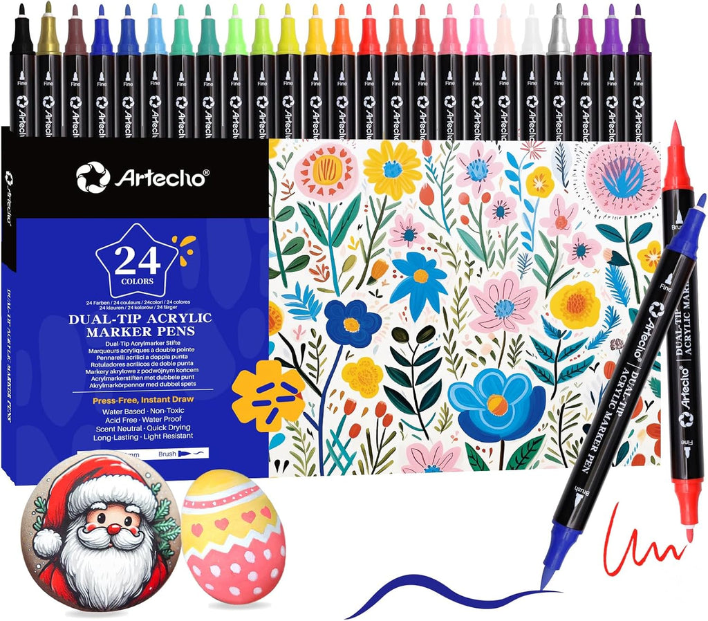 Artecho Acrylstifte 24 Farben Dual Tip Marker wasserfest fuer DIY Kunst