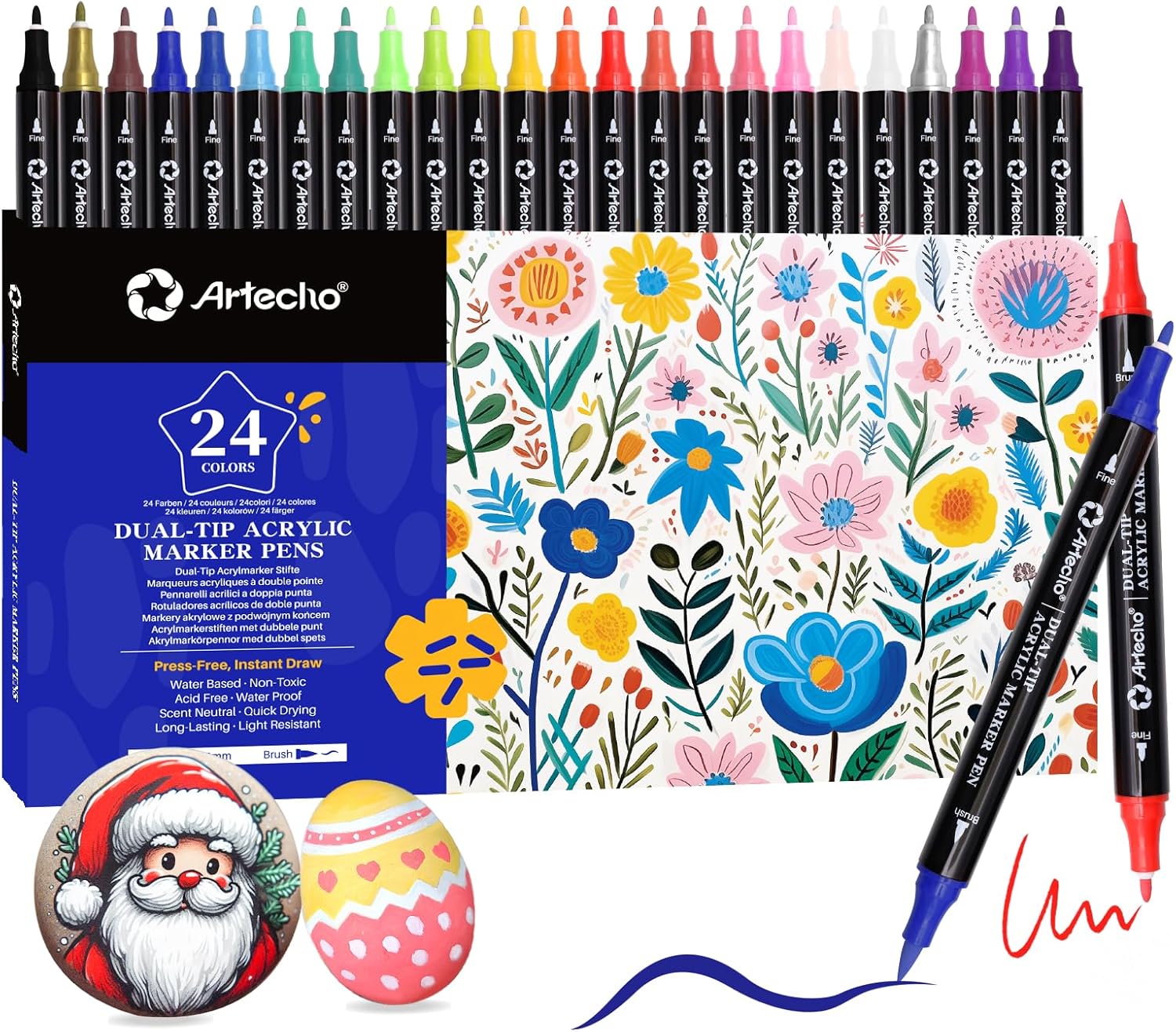 Artecho Acrylstifte 24 Farben Dual Tip Marker wasserfest fuer DIY Kunst