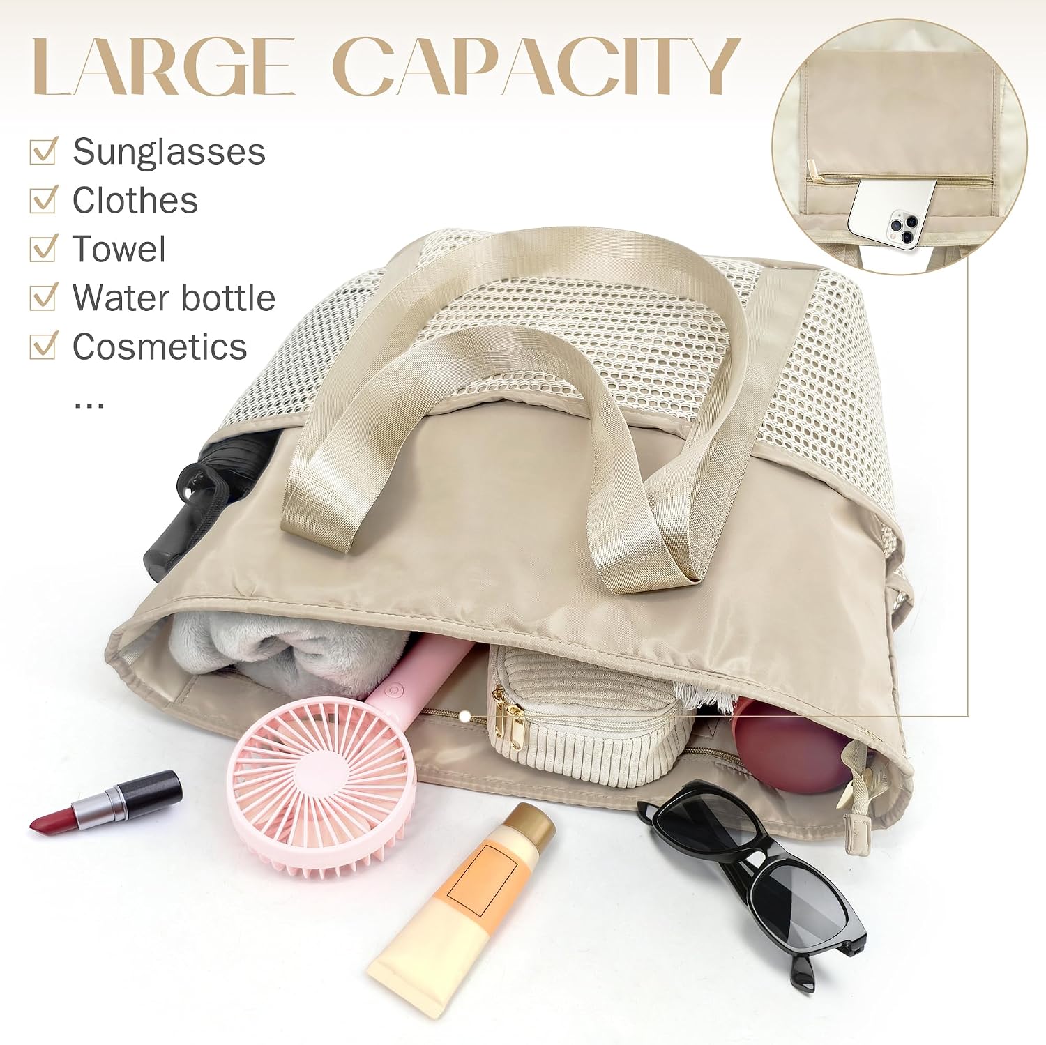 beifon Strandtasche XXL mit Reissverschluss, wasserdicht, faltbar, M-L