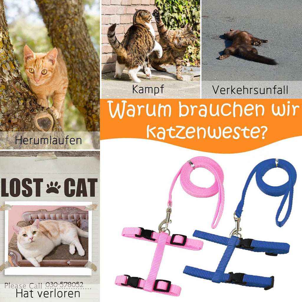 2er Set Katzengeschirr Nylon verstellbar mit Leine Blau Rosa Kaetzchen