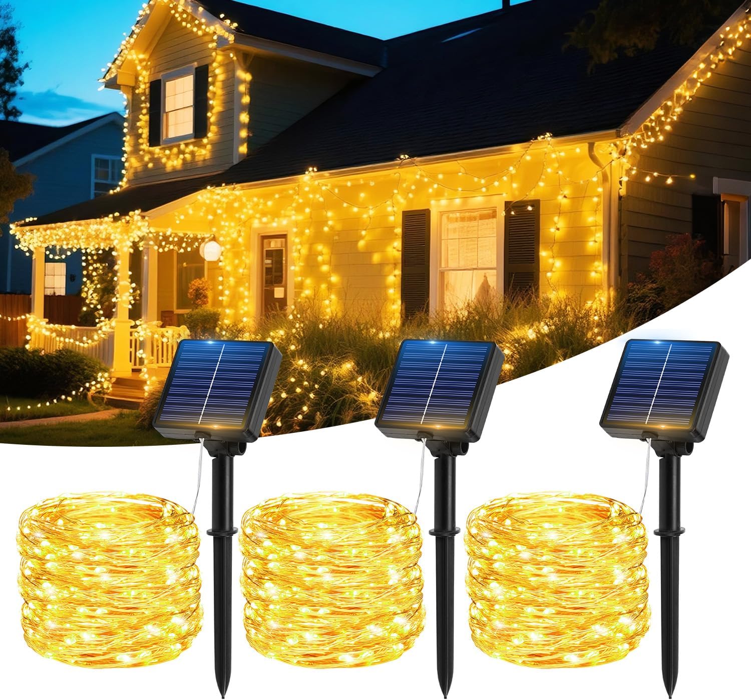 Hoteril Solar Lichterkette Aussen 3×17m 150 LED Kupferdraht IP65 8 Modi