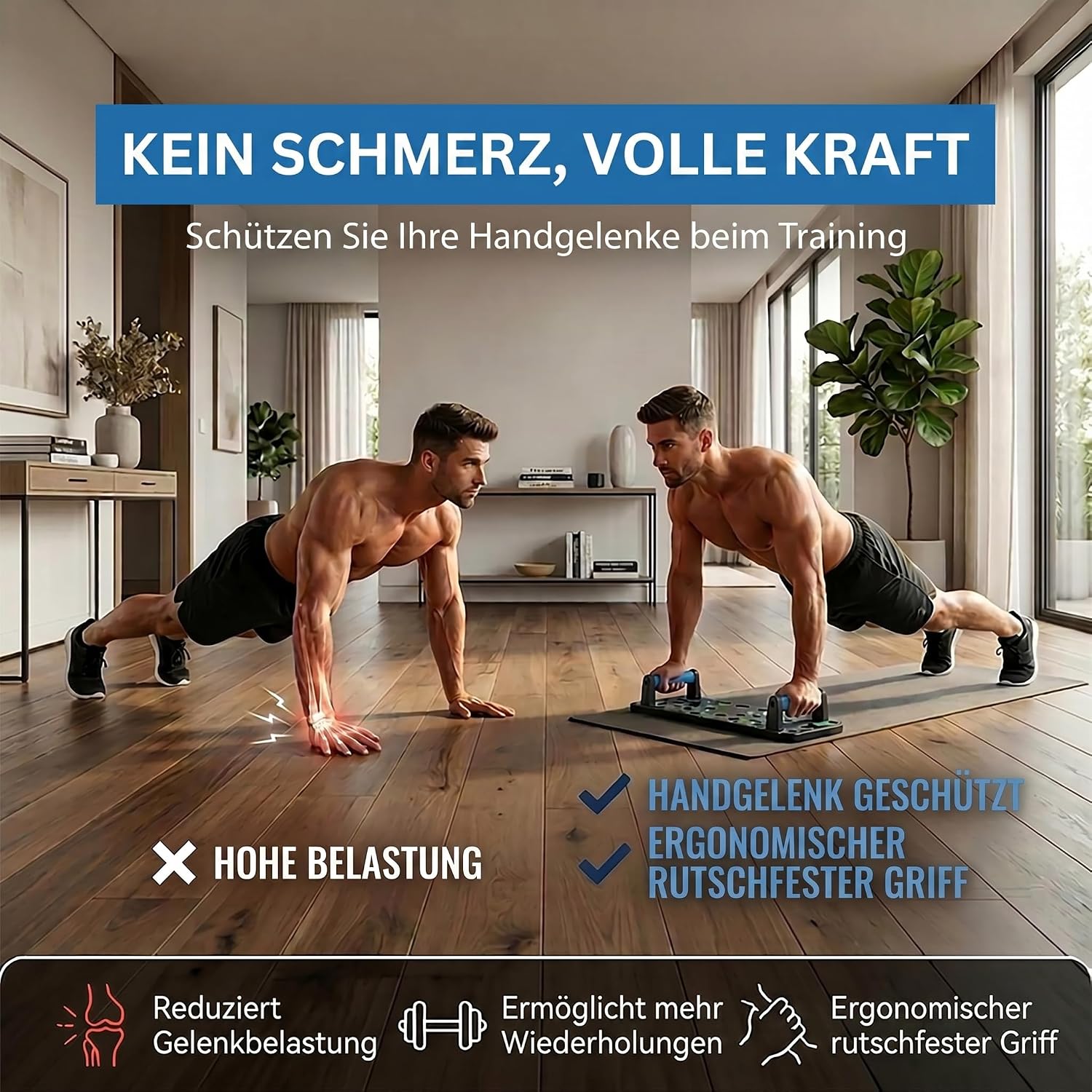 Body & Mind Push-Up Liegestuetz-Brett faltbar mit Griffen, Trainingsbaendern, E-Bo