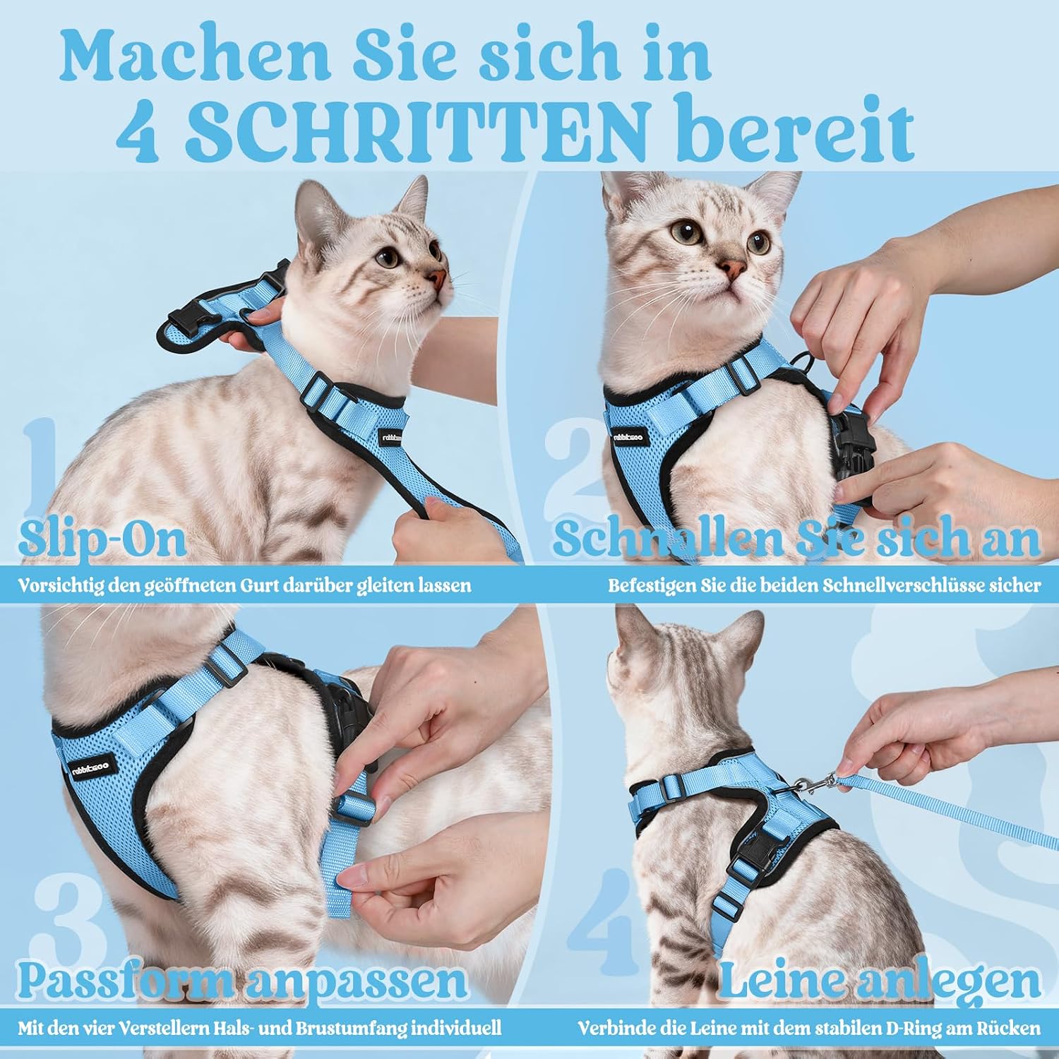 rabbitgoo Katzenweste Geschirr ausbruchsicher verstellbar XS Hellblau mit Leine