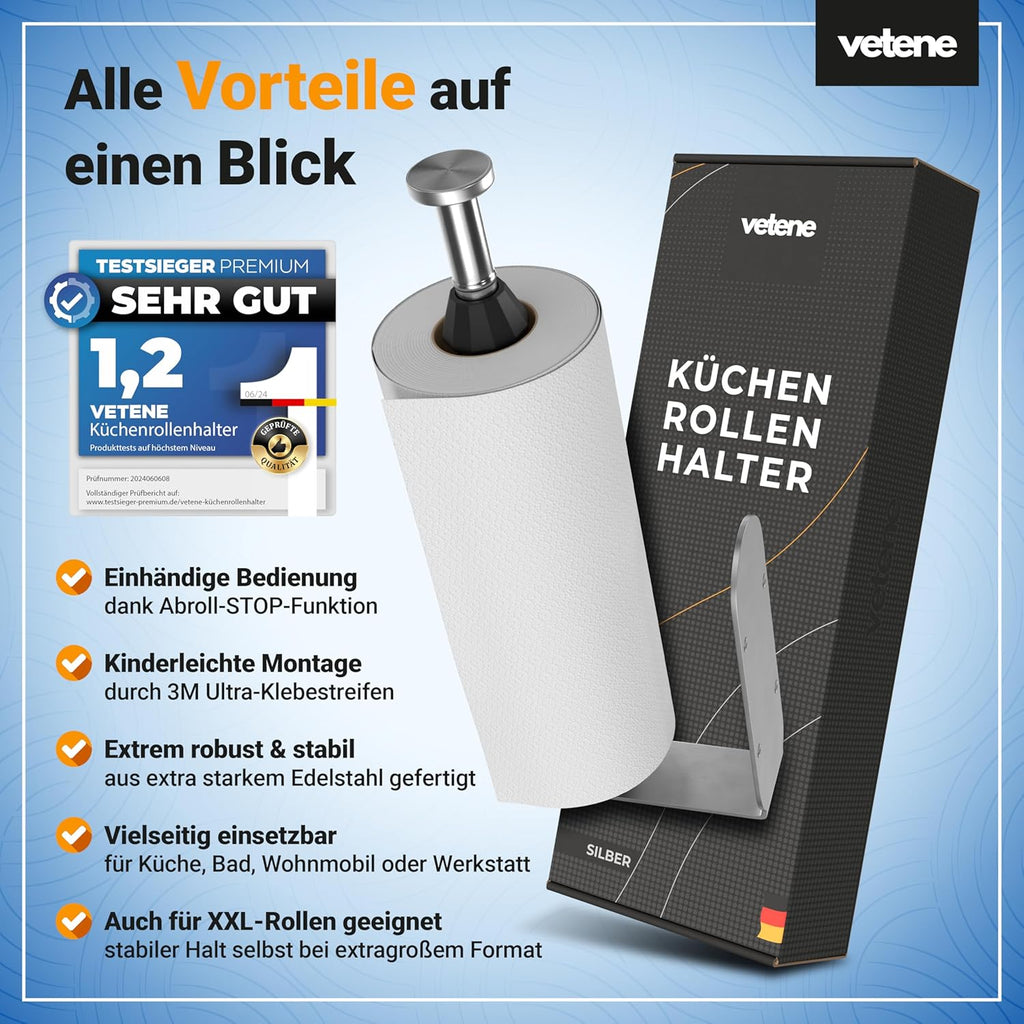 Zewa Kuechenrollenhalter Edelstahl Schwarz ohne Bohren mit Abrollstopp