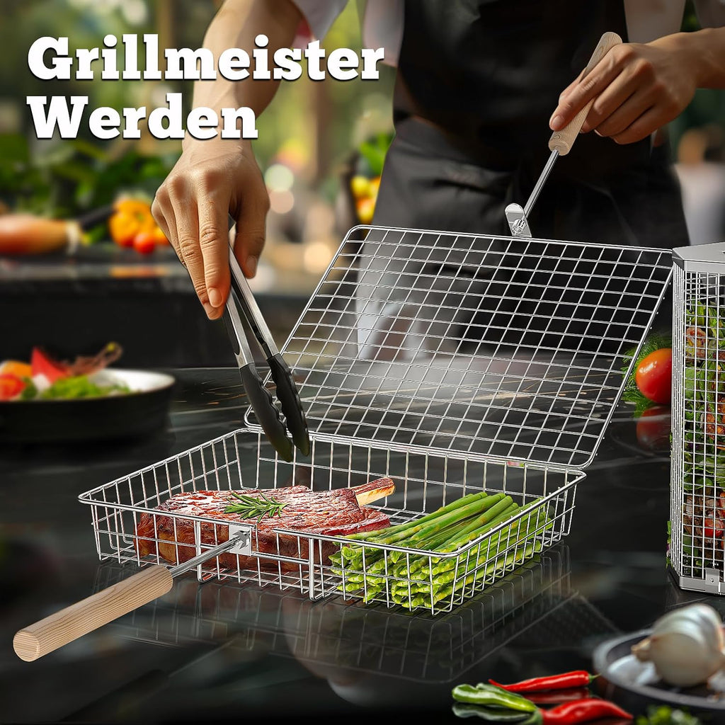 Nestbar Grillkorb Edelstahl 304 mit abnehmbarem Holzgriff fuer Gemuese - Gasgrill