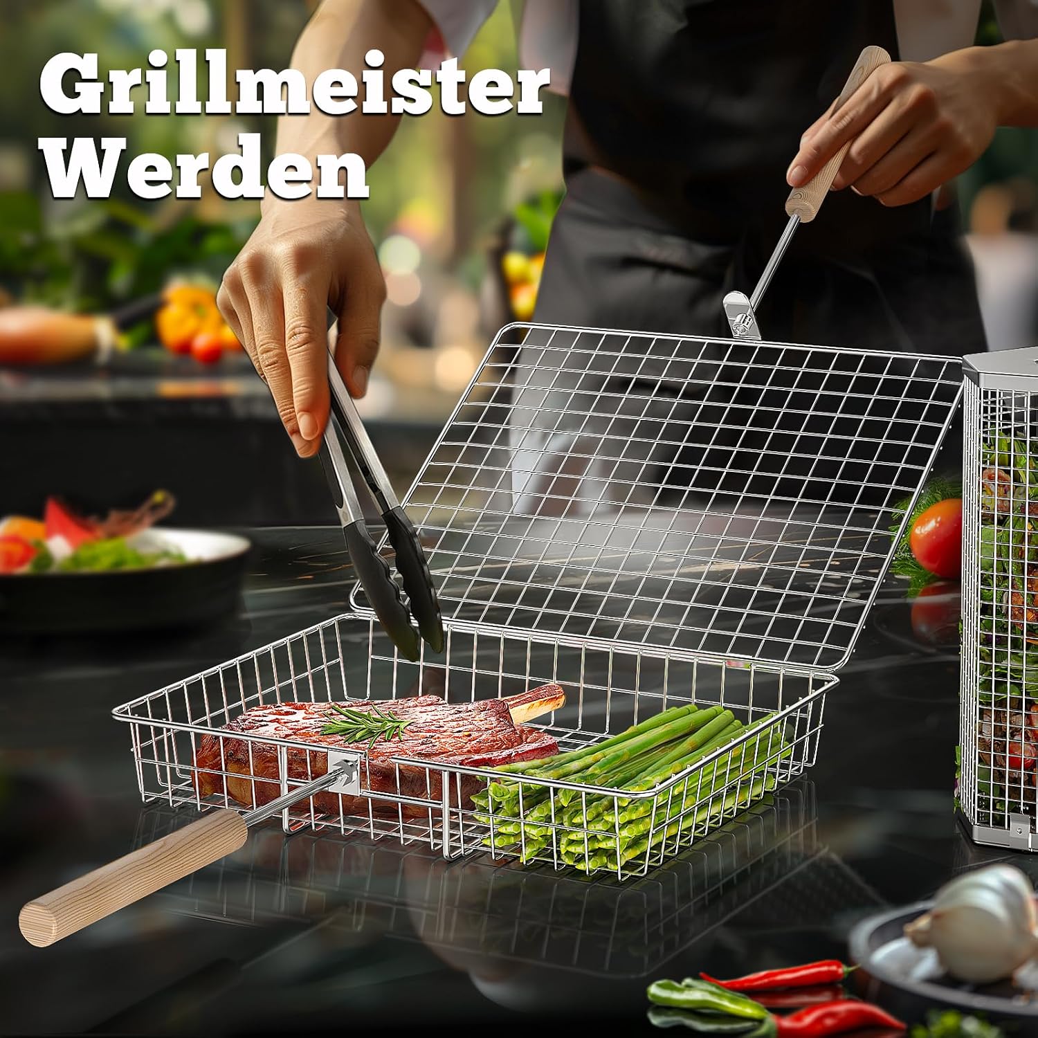 Nestbar Grillkorb Edelstahl 304 mit abnehmbarem Holzgriff fuer Gemuese - Gasgrill