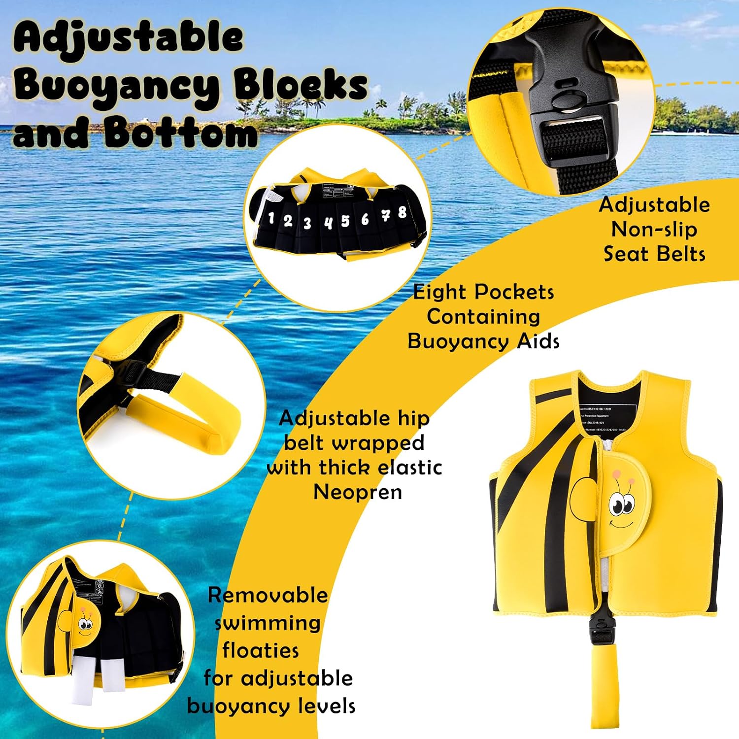Fuqiduo Kinder Schwimmweste Neopren EPE mit verstellbarem Schrittgurt
