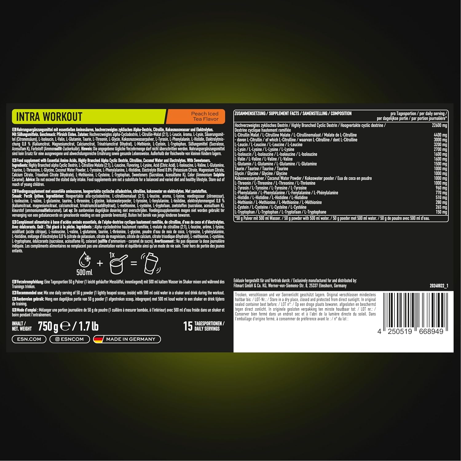 ESN Intra Workout 750 g Peach Iced Tea Aminosaeuren Elektrolyte