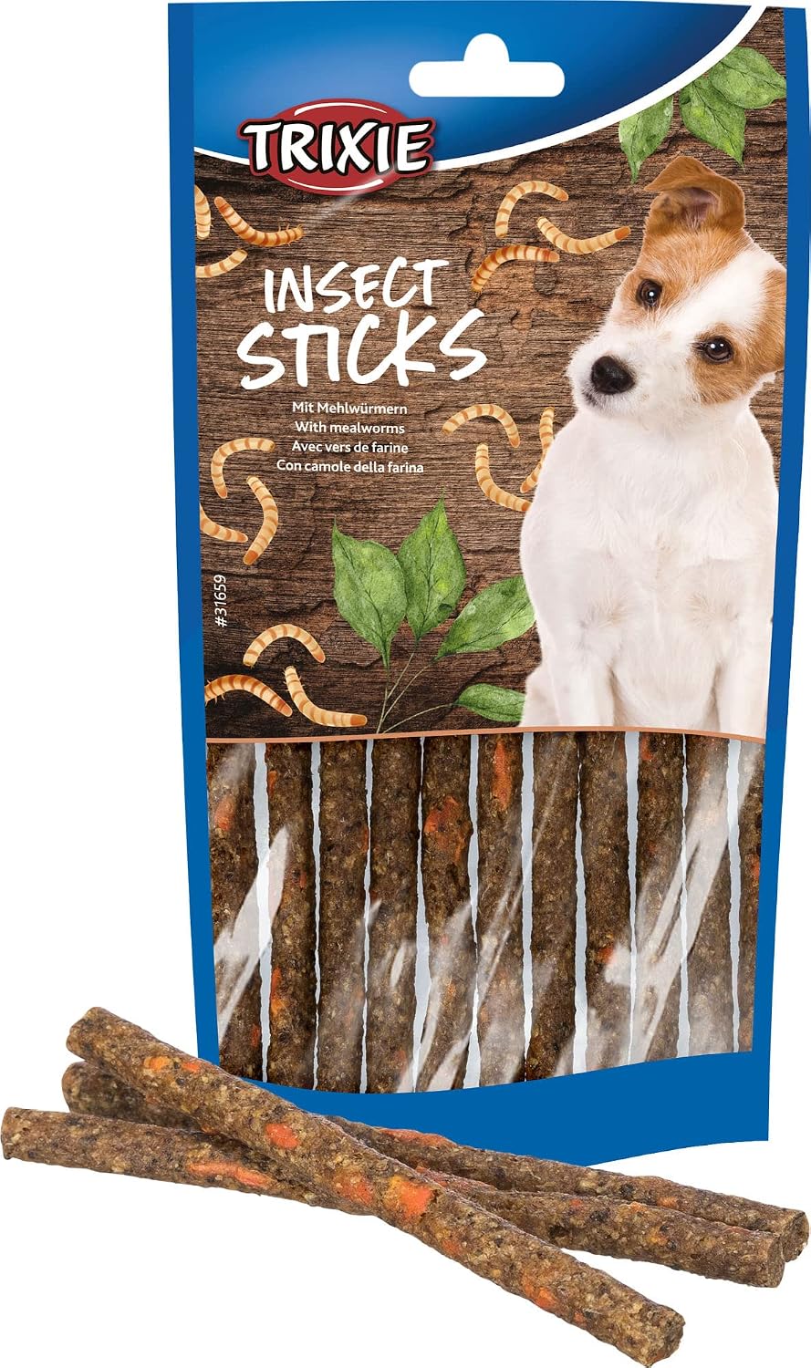 Trixie Hundeleckerli Insekten Snack Sticks mit Mehlwuermern 80g Packung mit 4