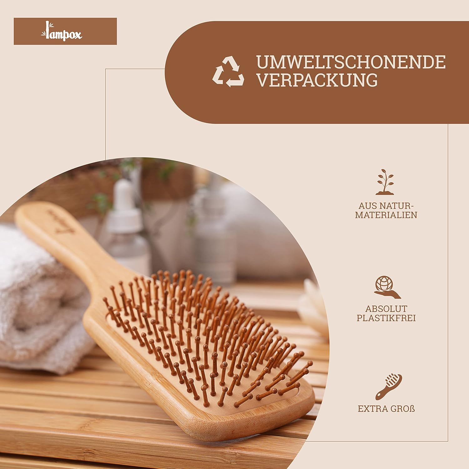 Lampox Bambus Haarbuerste antistatisch Holz Naturborsten Entwirrungsbuerste