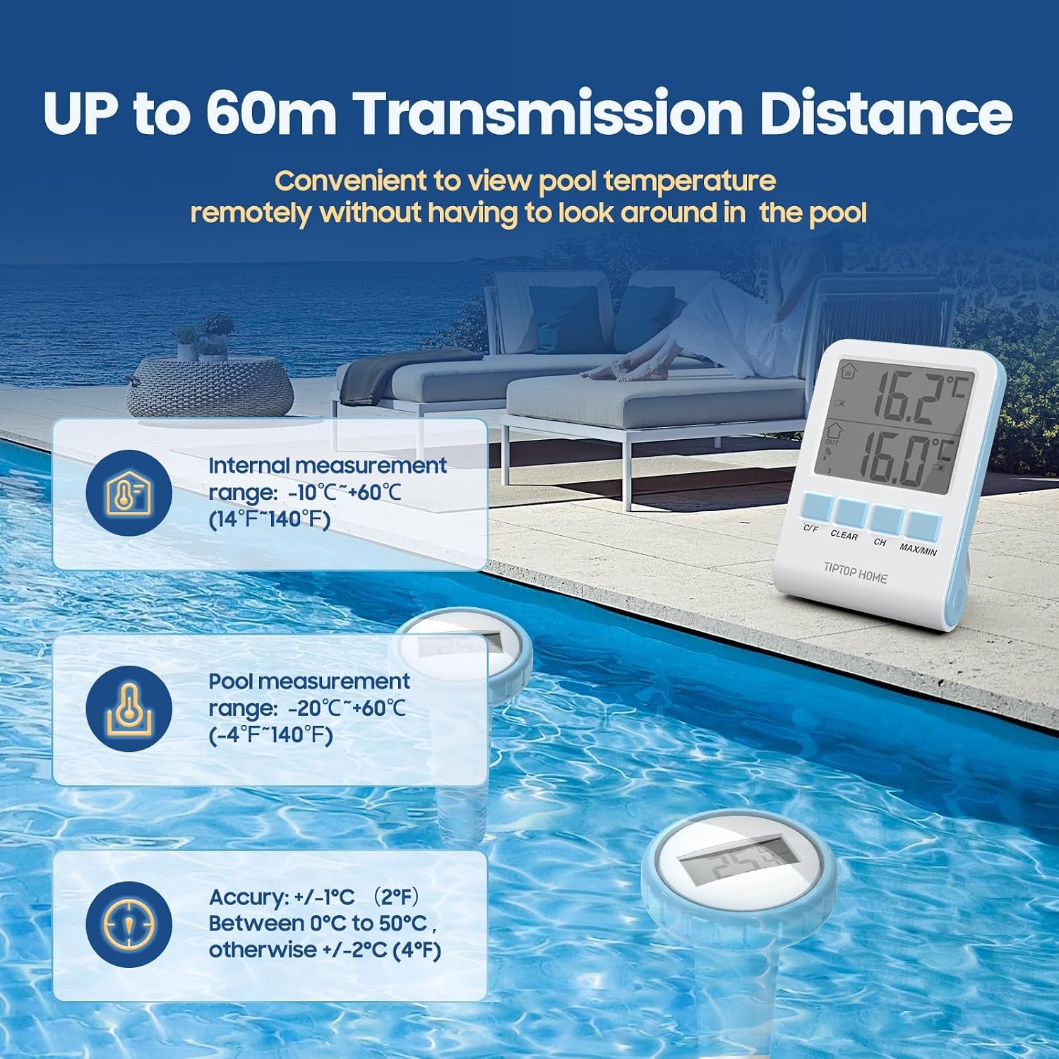 Kabelloses schwimmendes Poolthermometer IP67 blau - Wasser- und Innentemperatur