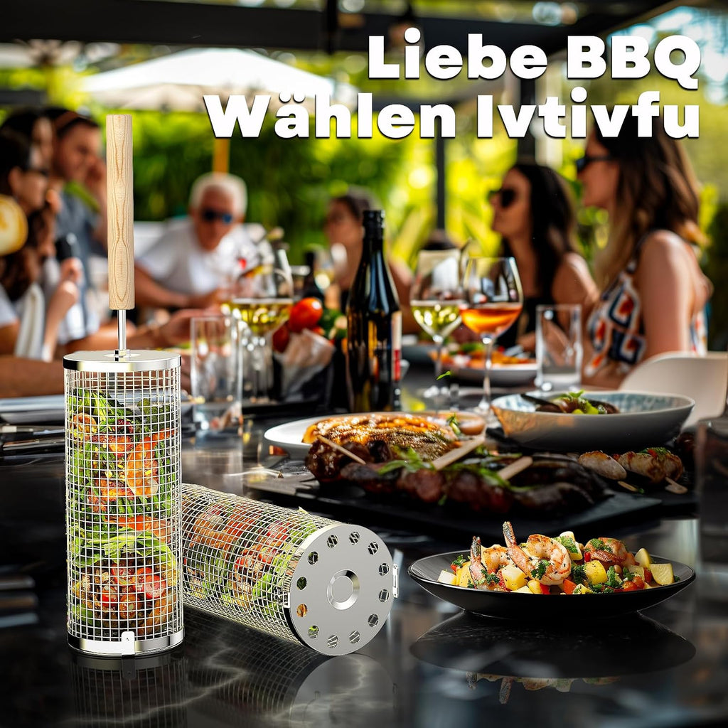 Nestbar Grillkorb Edelstahl 304 mit abnehmbarem Holzgriff fuer Gemuese - Gasgrill