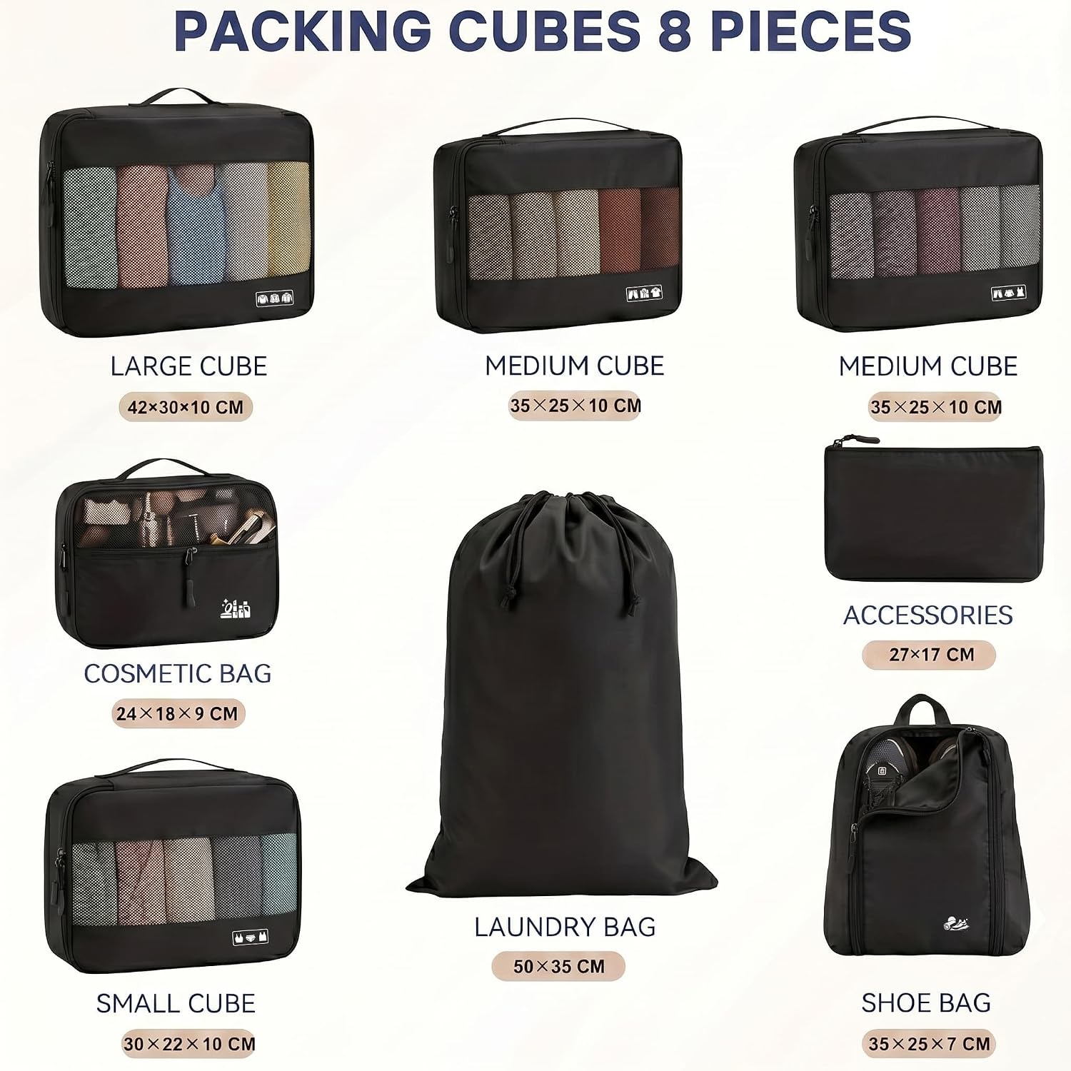 MURISE Packwuerfel 8er Set Koffer Organizer Reise Packtaschen Schwarz