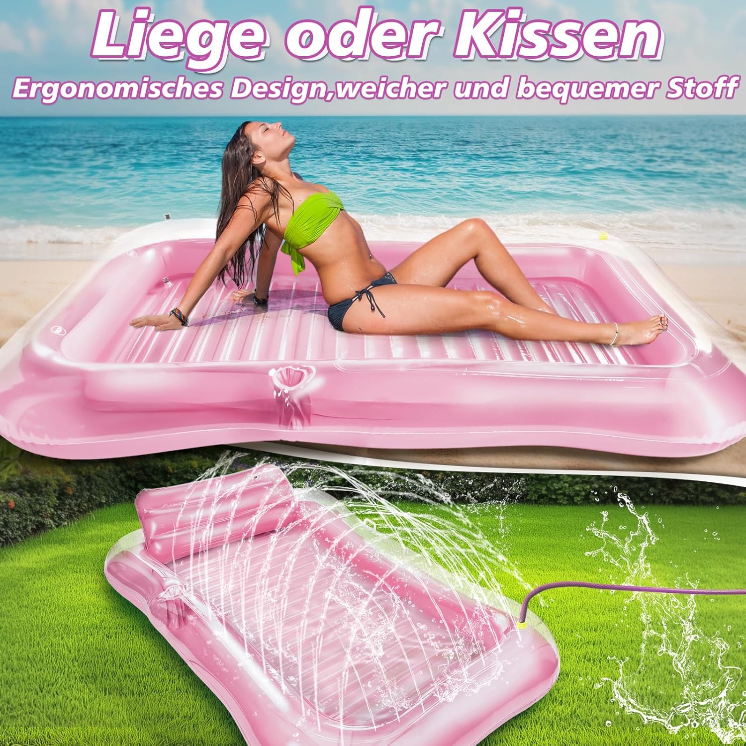 JONRRYIN Luftmatratze fuer Erwachsene mit Sprinkler, grosse Schwimminsel