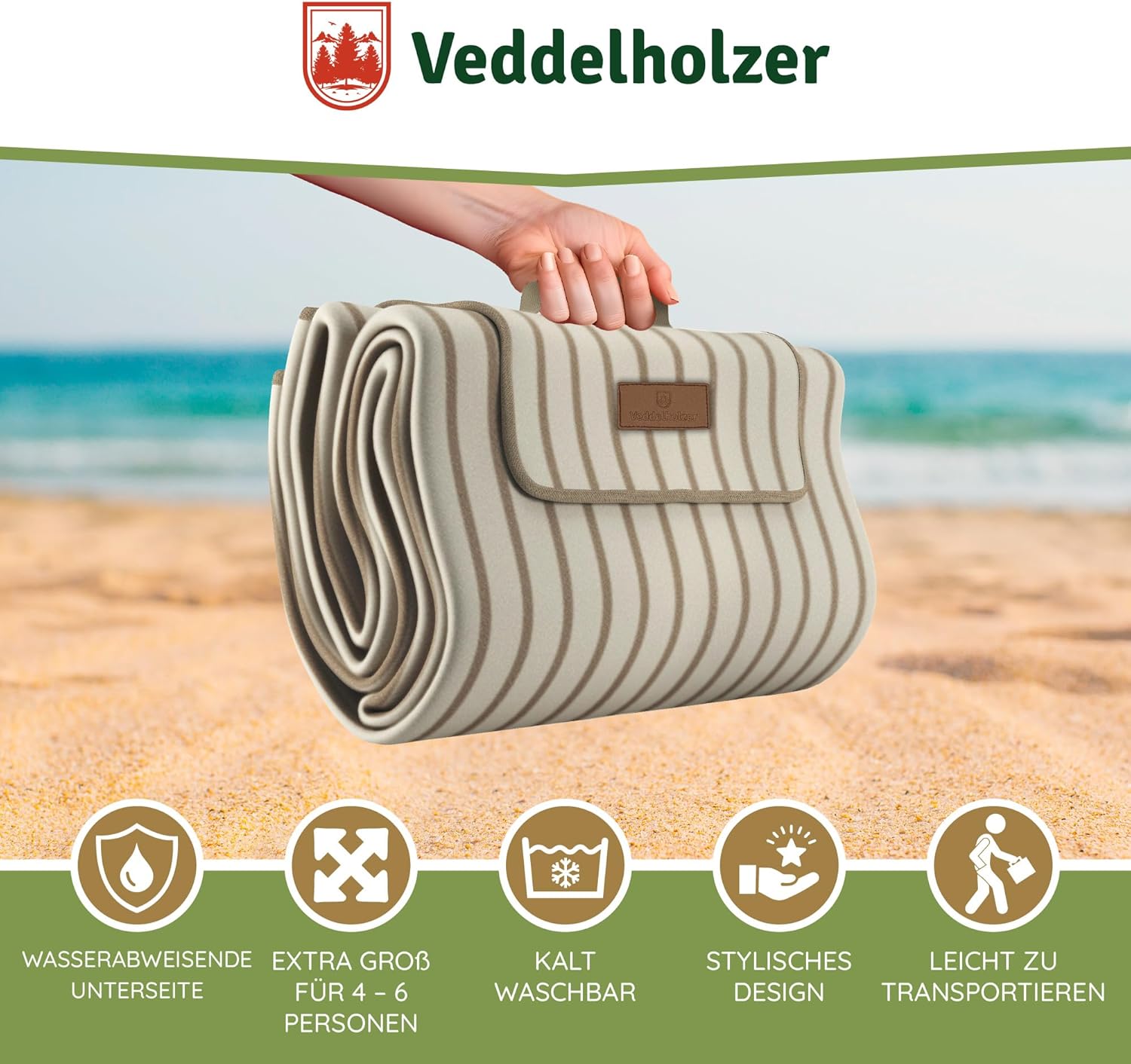 Veddelholzer Stranddecke 200x200 cm wasserdicht sandfest XXL isoliert gepolstert