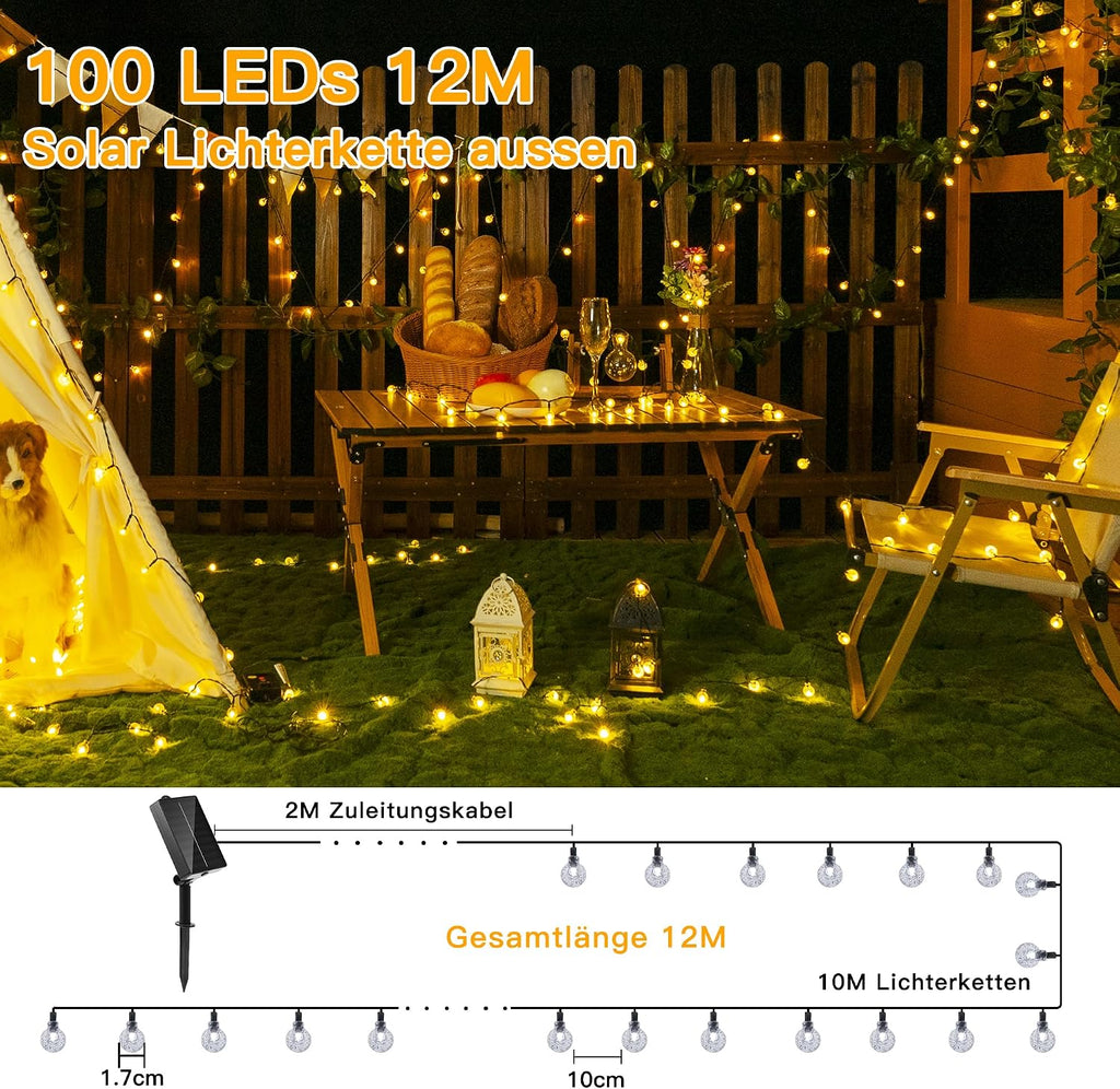 Ollny Solar Lichterkette Aussen 5 m 30 LED IP65 warmweiss 8 Modi fuer Garten