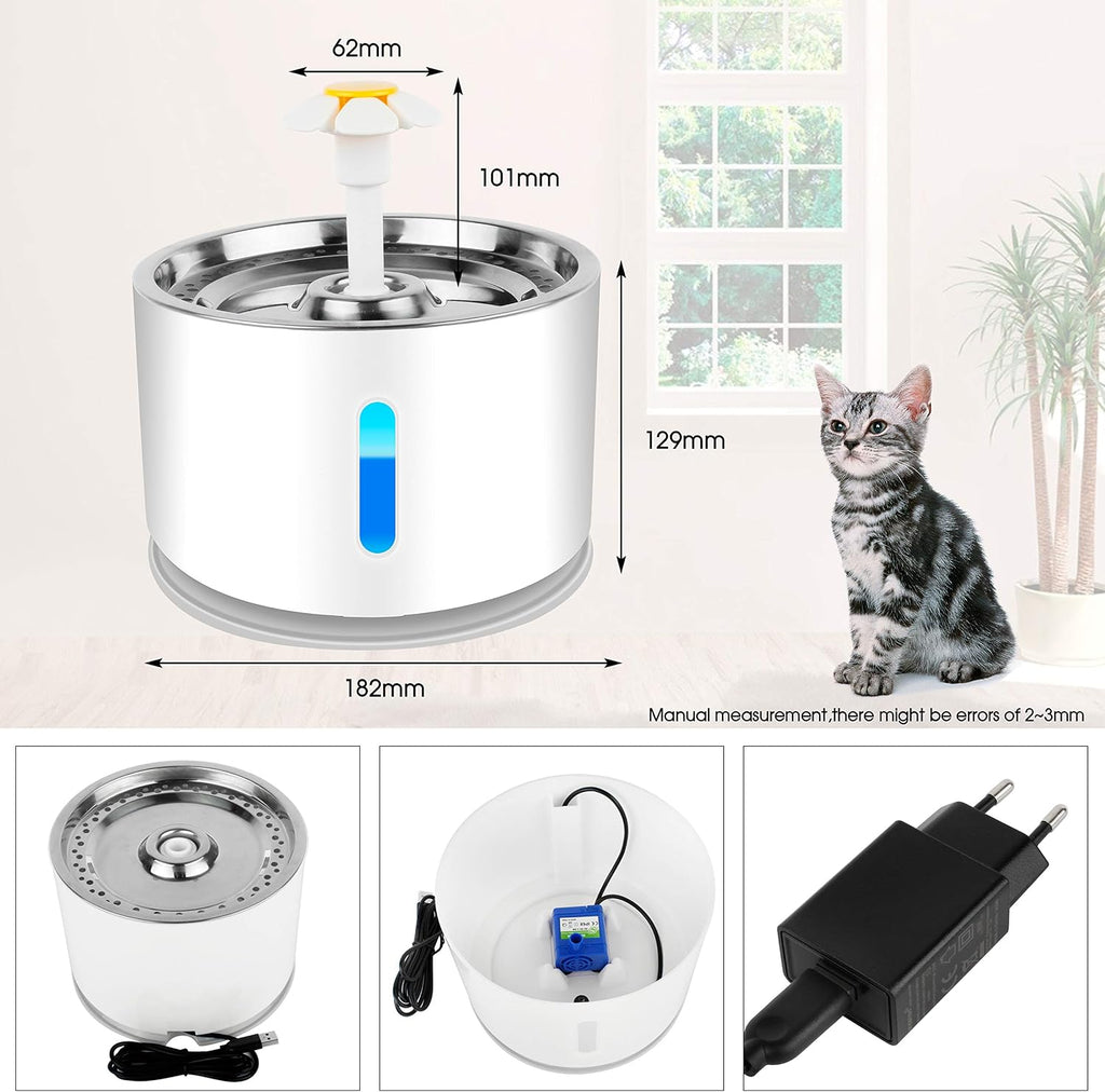Katzen Trinkbrunnen 2,4L mit Aktivkohlefilter Wasserstandsanzeige LED und 3 Modi