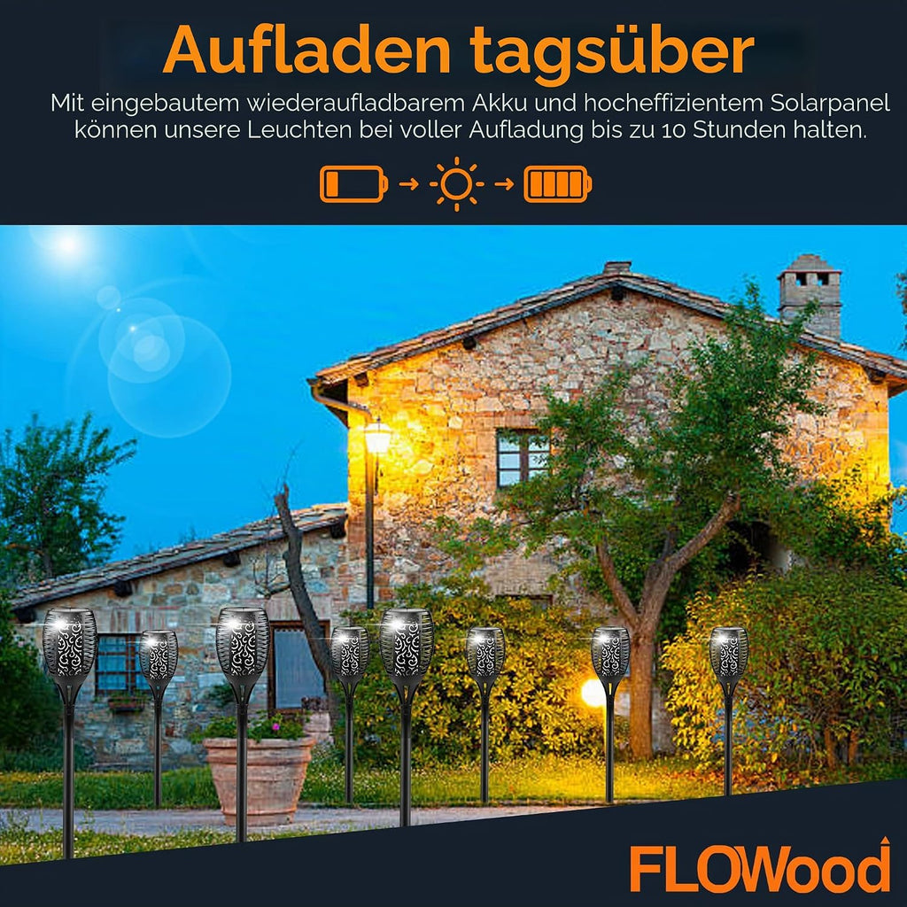 FLOWood Solarfackeln Garten 4er Set 110 cm, 96 LED, flackernd, IP65