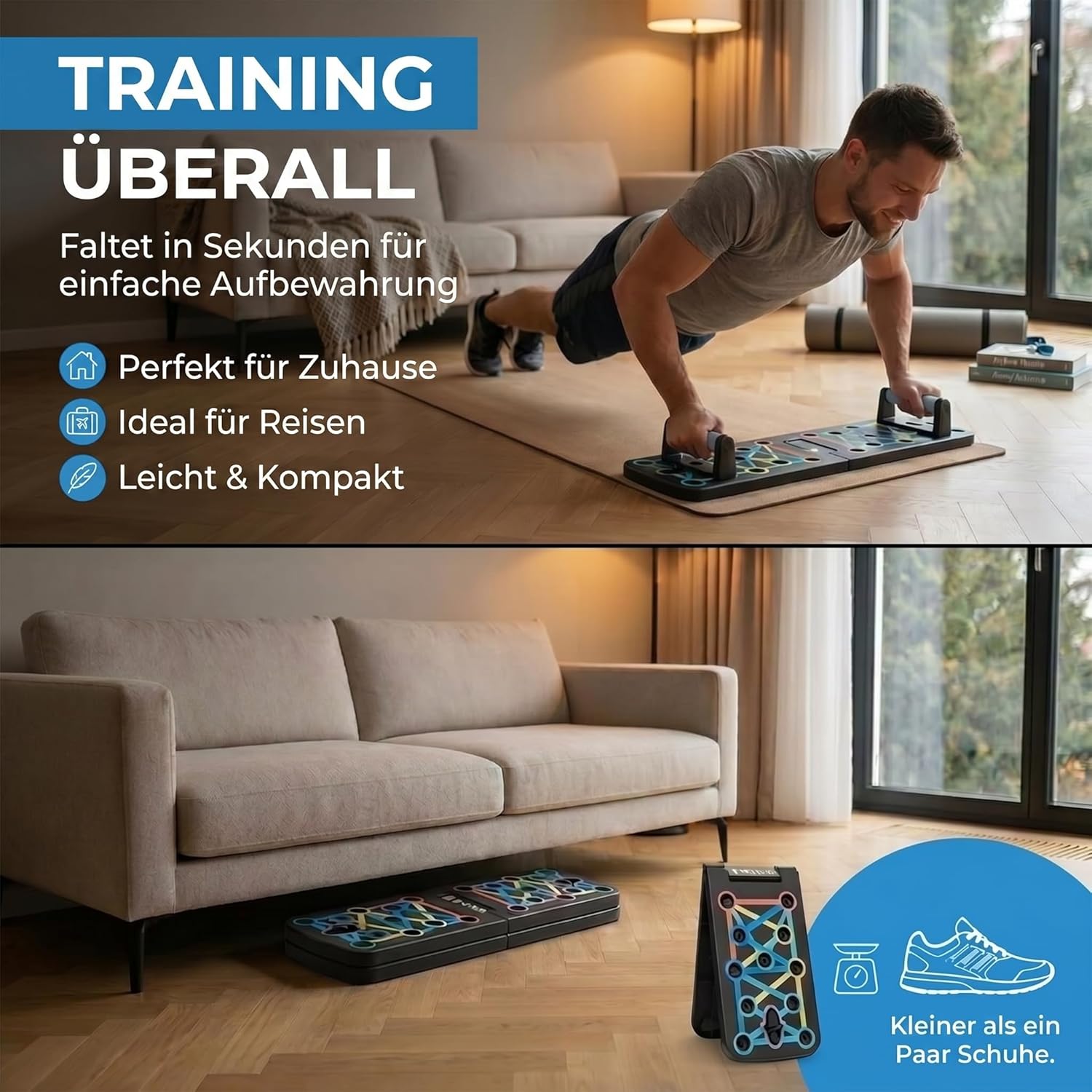 Body & Mind Push-Up Liegestuetz-Brett faltbar mit Griffen, Trainingsbaendern, E-Bo