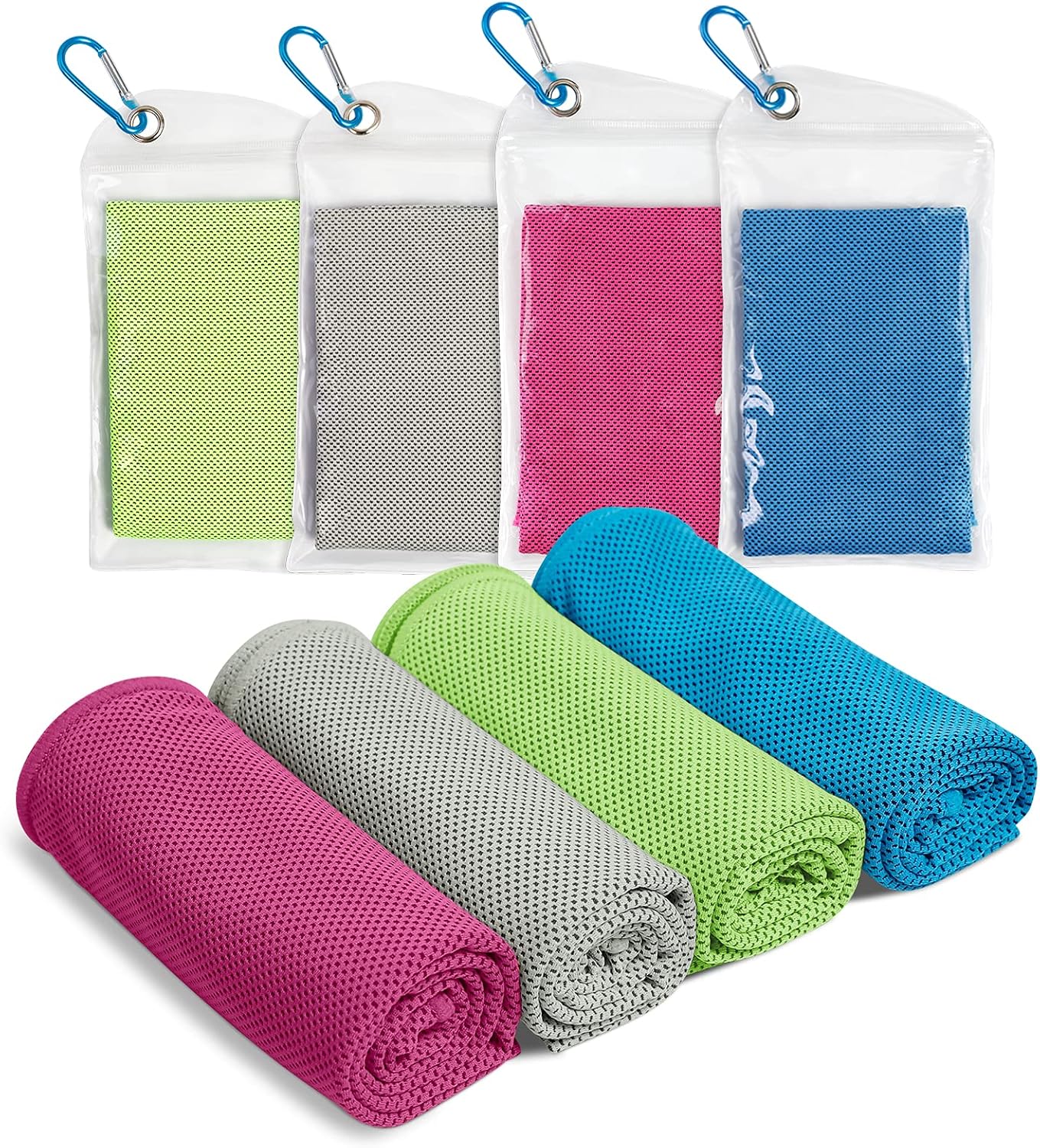 Kuehltuch 4er Set 30x100 cm Mikrofaser + 4 wasserdichte Beutel fuer Sport