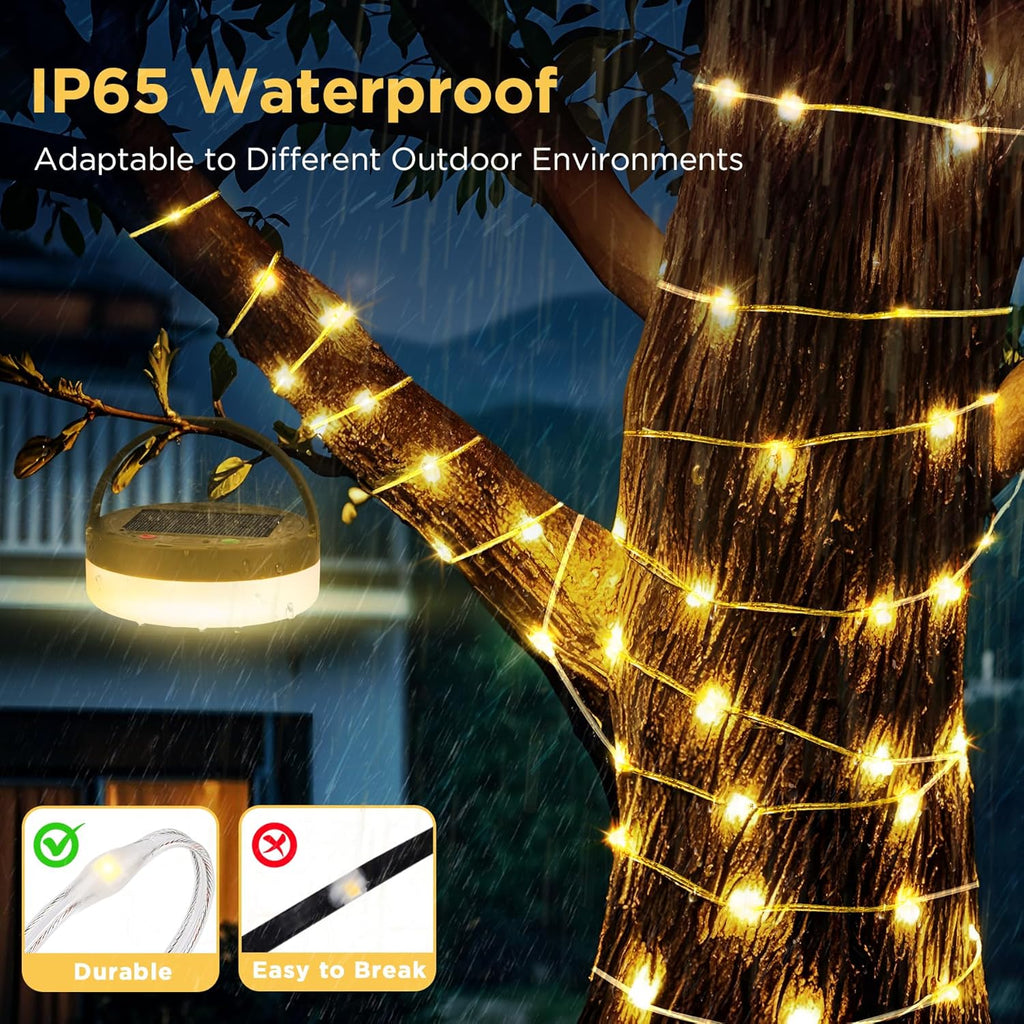 10 m Solar USB Camping Lichterkette aufrollbar, 3‑in‑1, 8 Modi, wasserdicht
