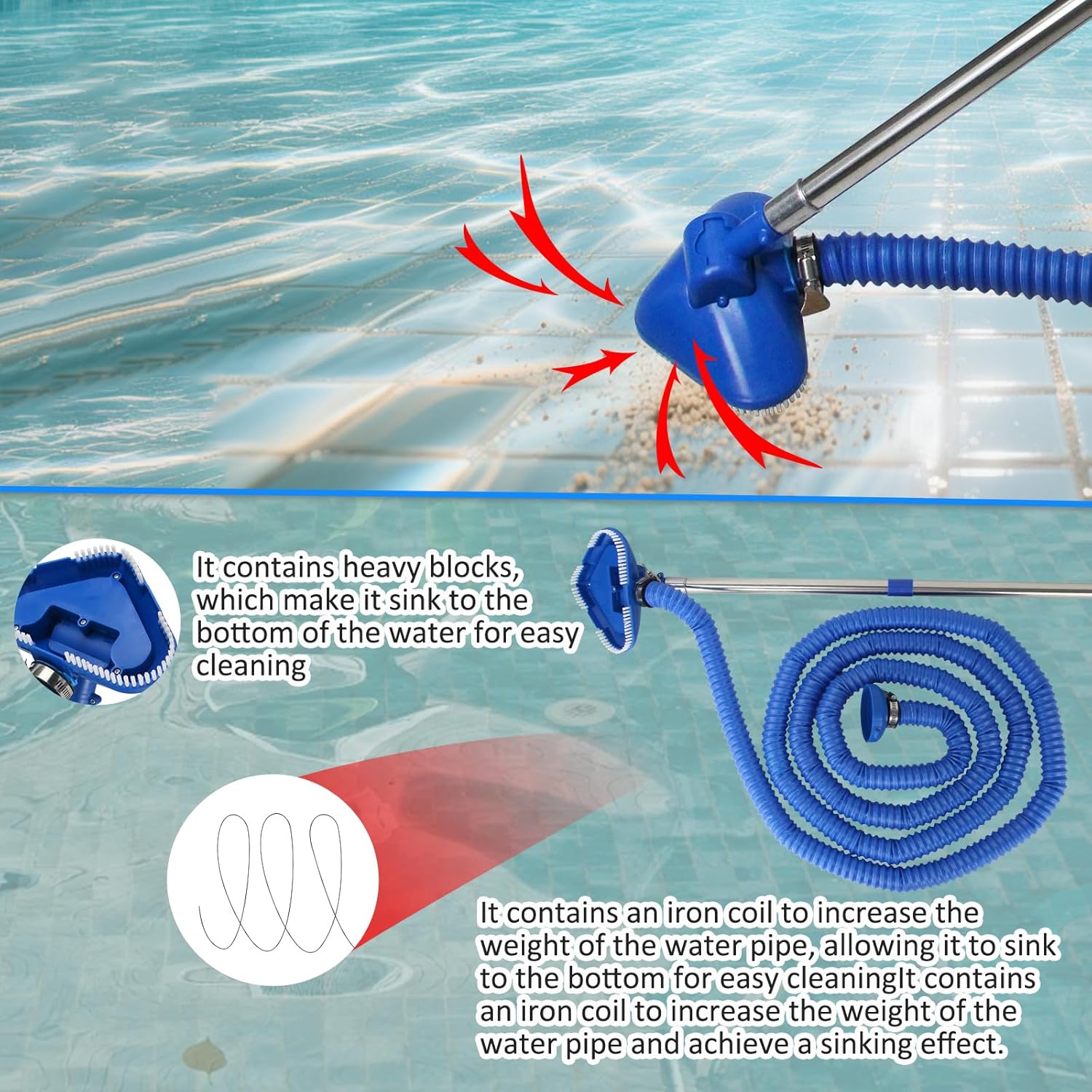 Poolsauger Bodensauger mit 4 m Edelstahl-Schlauch, Poolbuerste, manuell