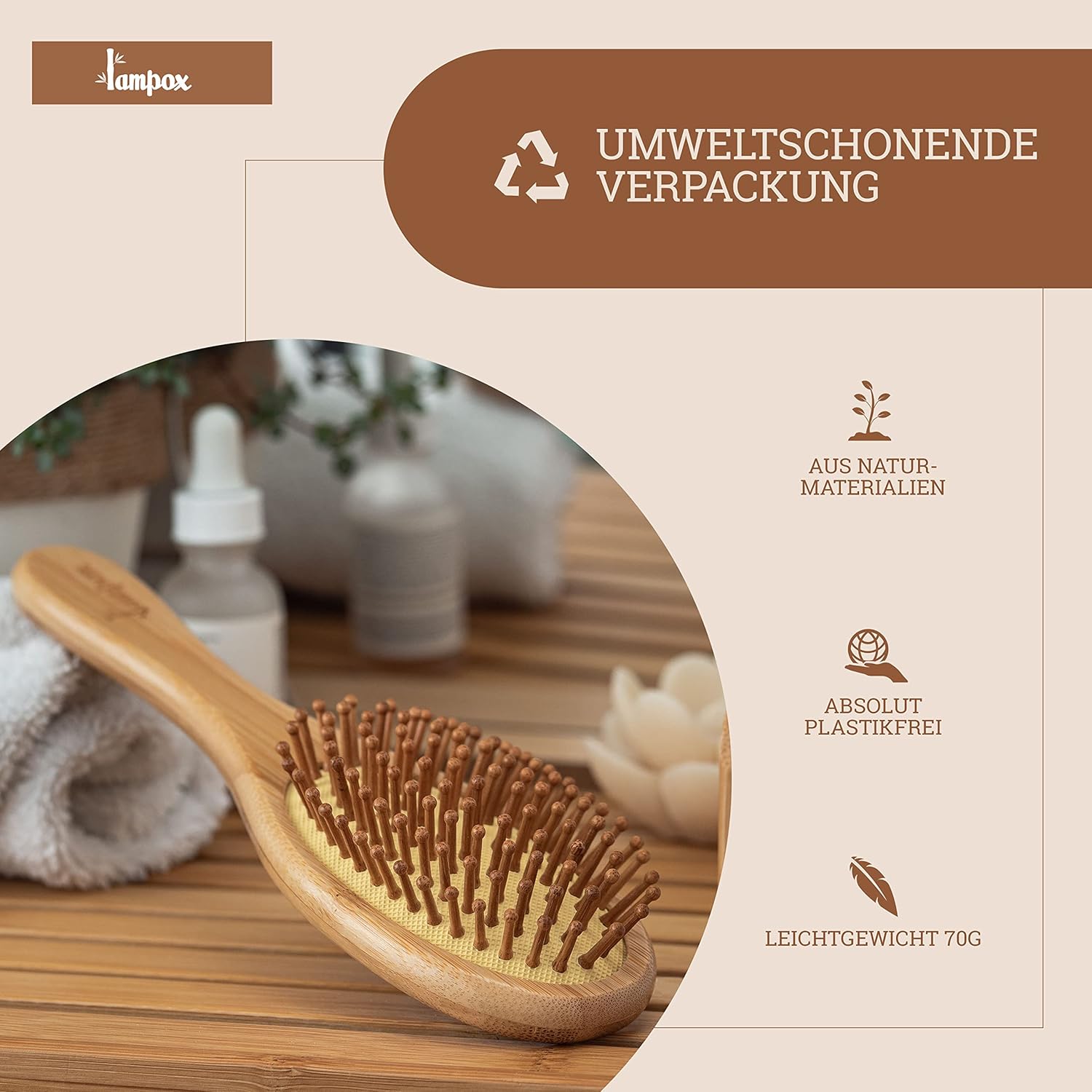 Lampox Bambus Haarbuerste antistatisch Holz Naturborsten Entwirrungsbuerste