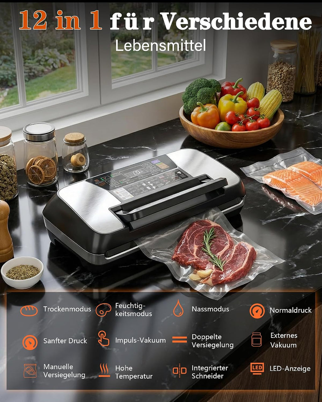 Vakuumiergeraet 95 kPa 12-in-1 mit doppelter Schweissnaht fuer Lebensmittel