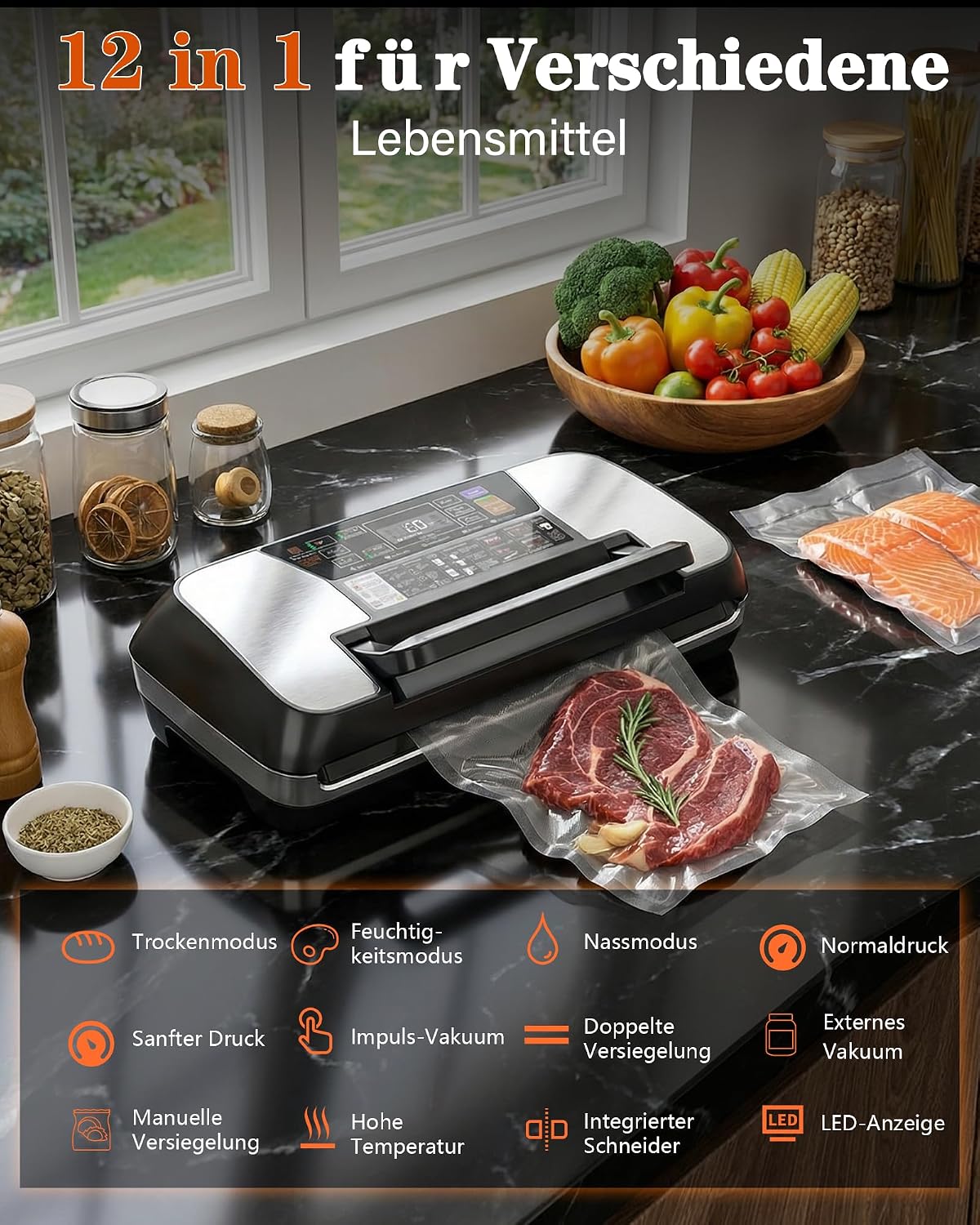 Vakuumiergeraet 95 kPa 12-in-1 mit doppelter Schweissnaht fuer Lebensmittel
