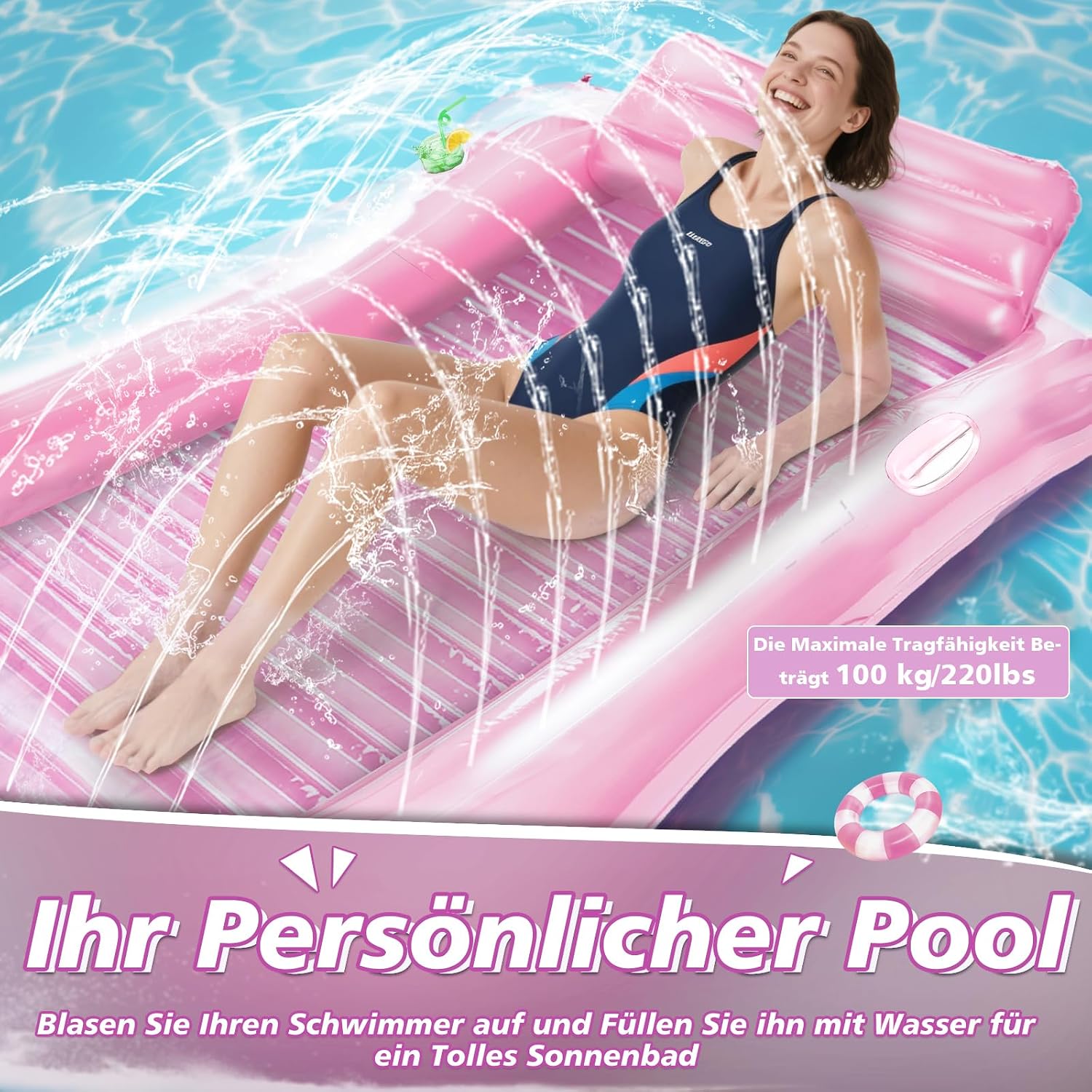 JONRRYIN Luftmatratze fuer Erwachsene mit Sprinkler, grosse Schwimminsel