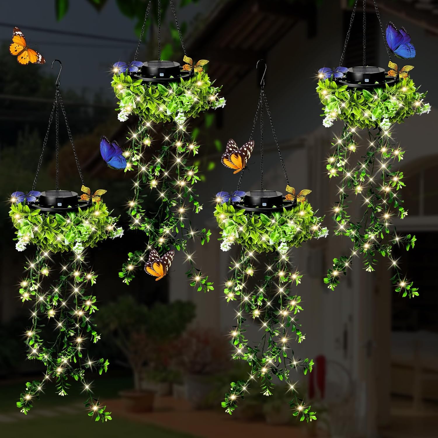 Kuenstliche Haengepflanze 2er Set mit Solar-Lichterkette IP65 wasserdicht