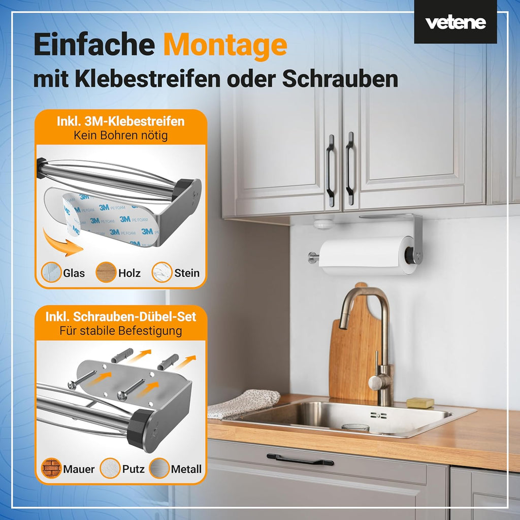 Zewa Kuechenrollenhalter Edelstahl Schwarz ohne Bohren mit Abrollstopp
