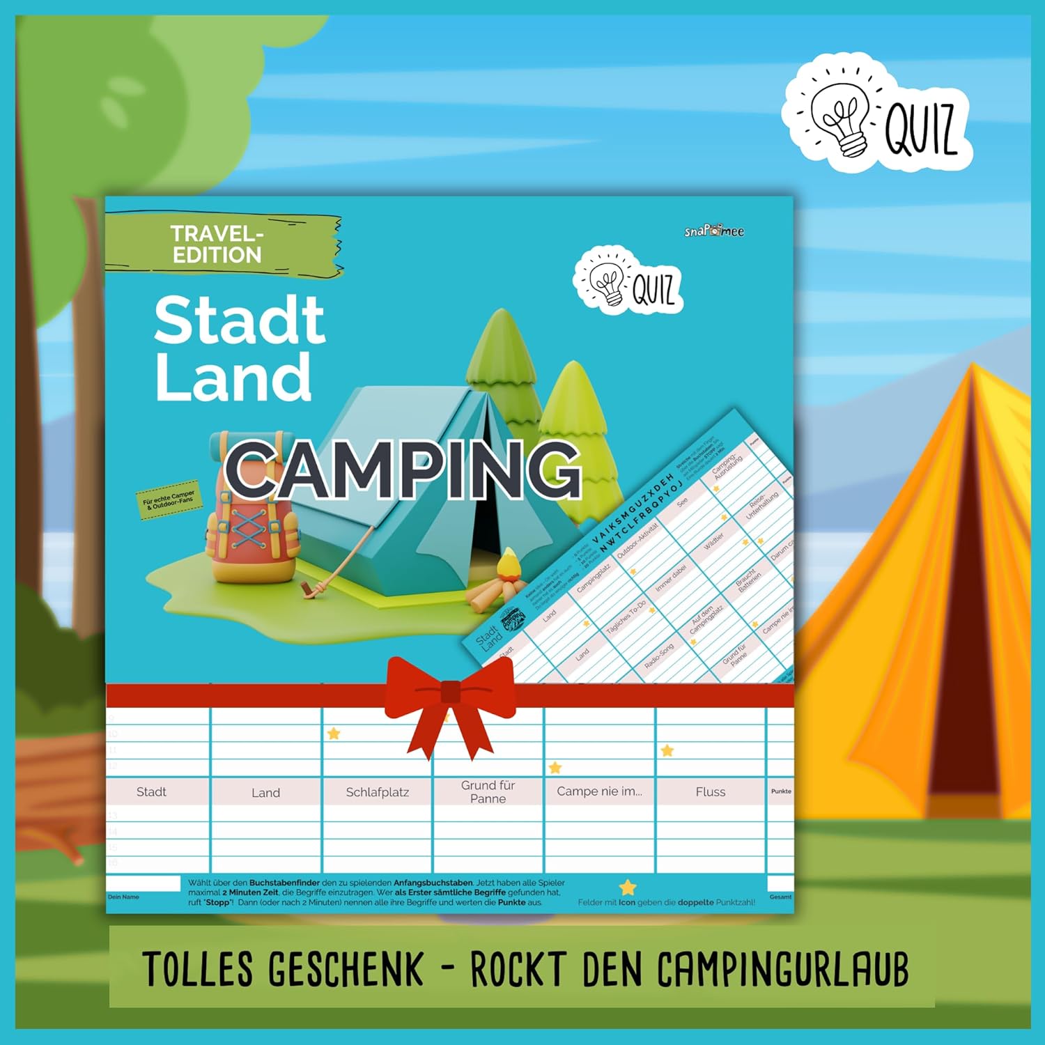 snaPmee Stadt Land Camping Spiel - 50 Blatt DIN A4 Spielvorlagen