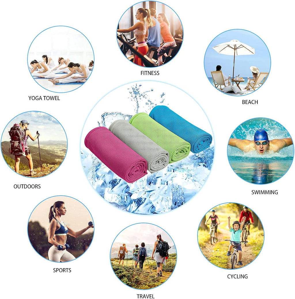 Kuehltuch 4er Set 30x100 cm Mikrofaser + 4 wasserdichte Beutel fuer Sport
